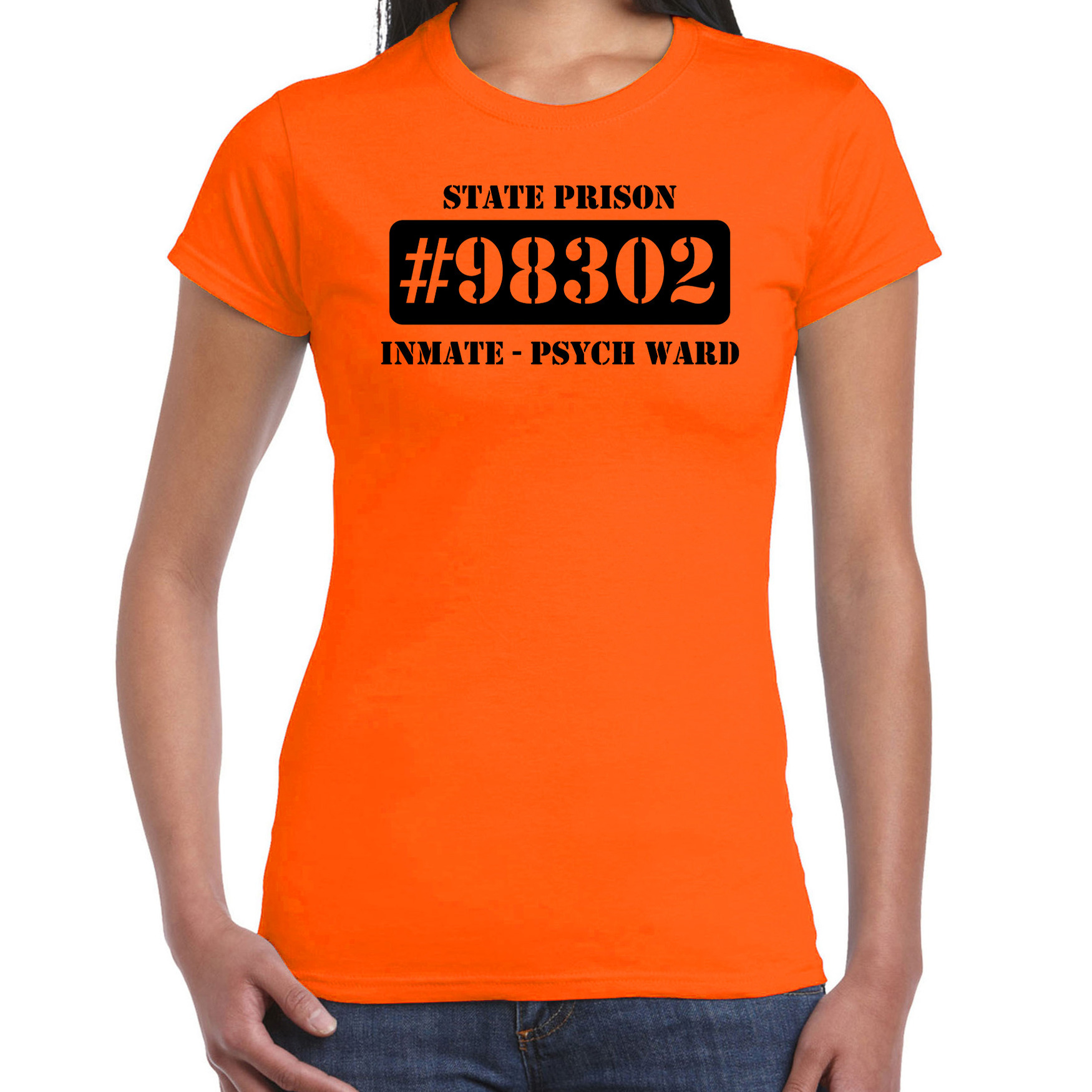 Carnaval boeven-gevangenen t-shirt oranje dames psych ward