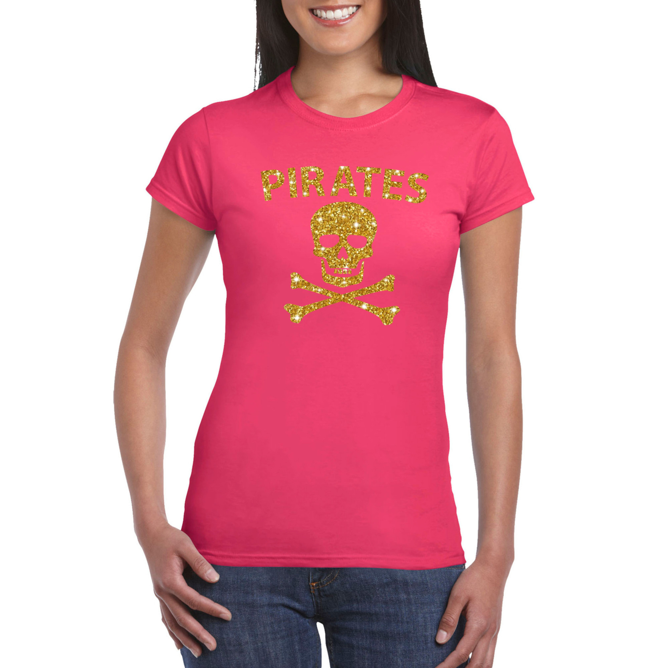Carnaval foute party piraten t-shirt-kostuum roze dames met gouden glitter bedrukking