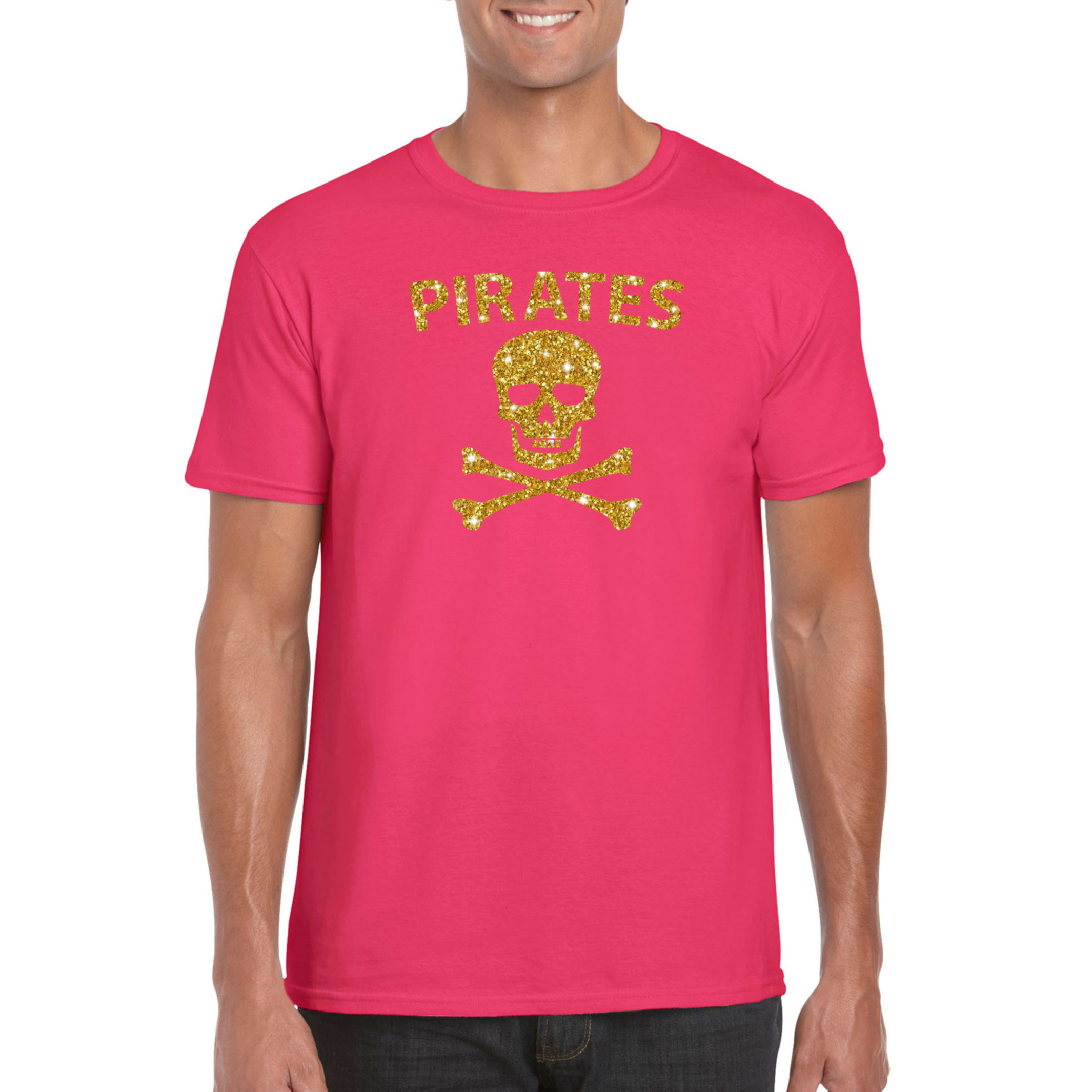 Carnaval foute party piraten t-shirt-kostuum roze heren met gouden glitter bedrukking