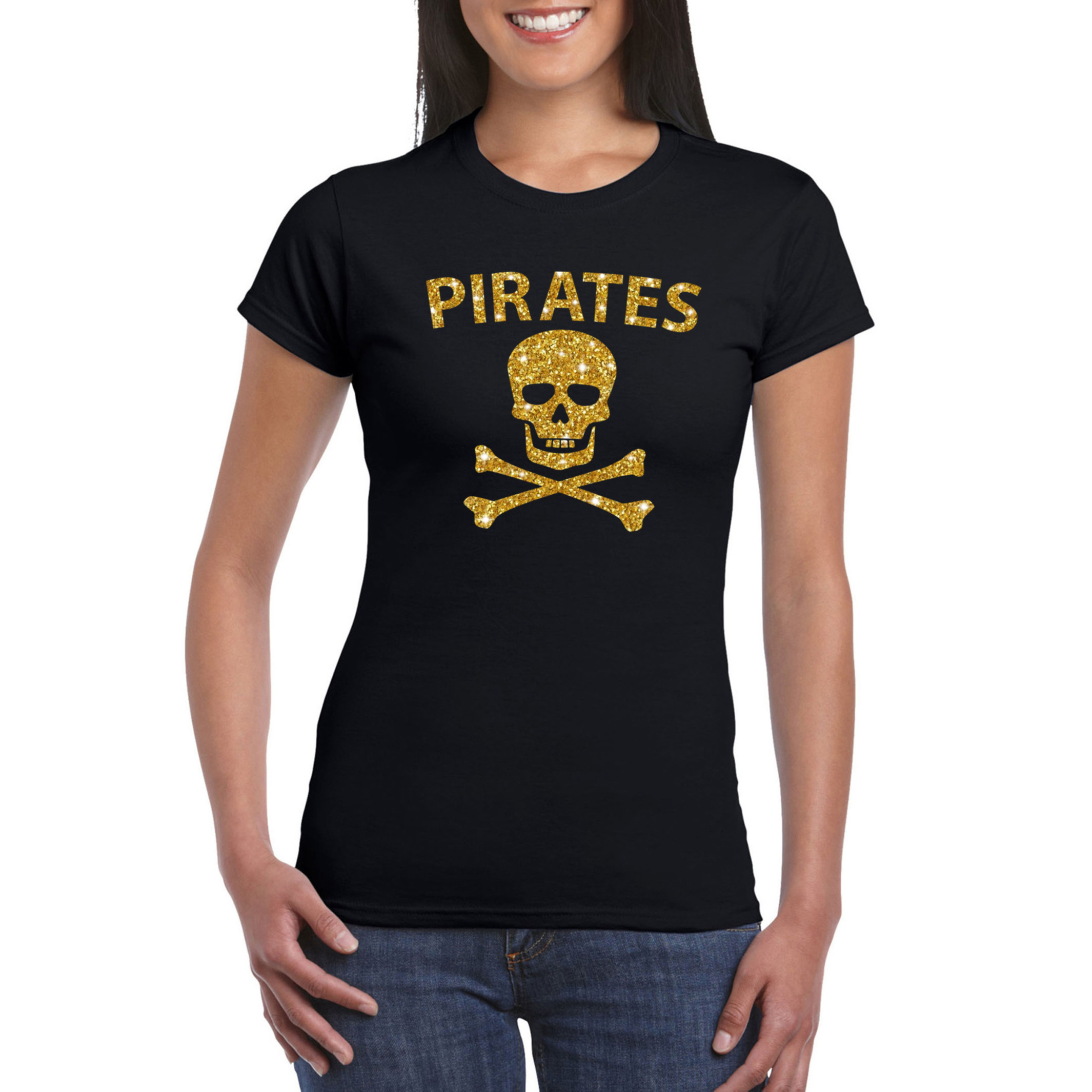 Carnaval foute party piraten t-shirt-kostuum zwart dames met gouden glitter bedrukking