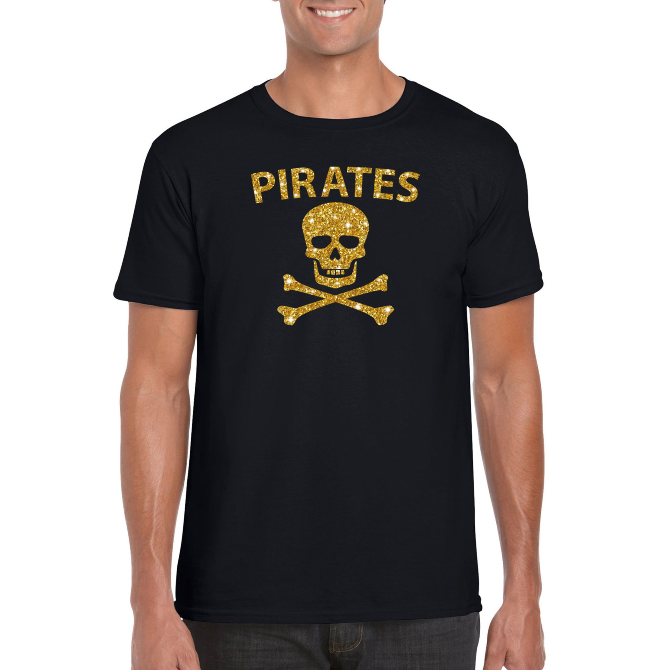 Carnaval foute party piraten t-shirt-kostuum zwart heren met gouden glitter bedrukking