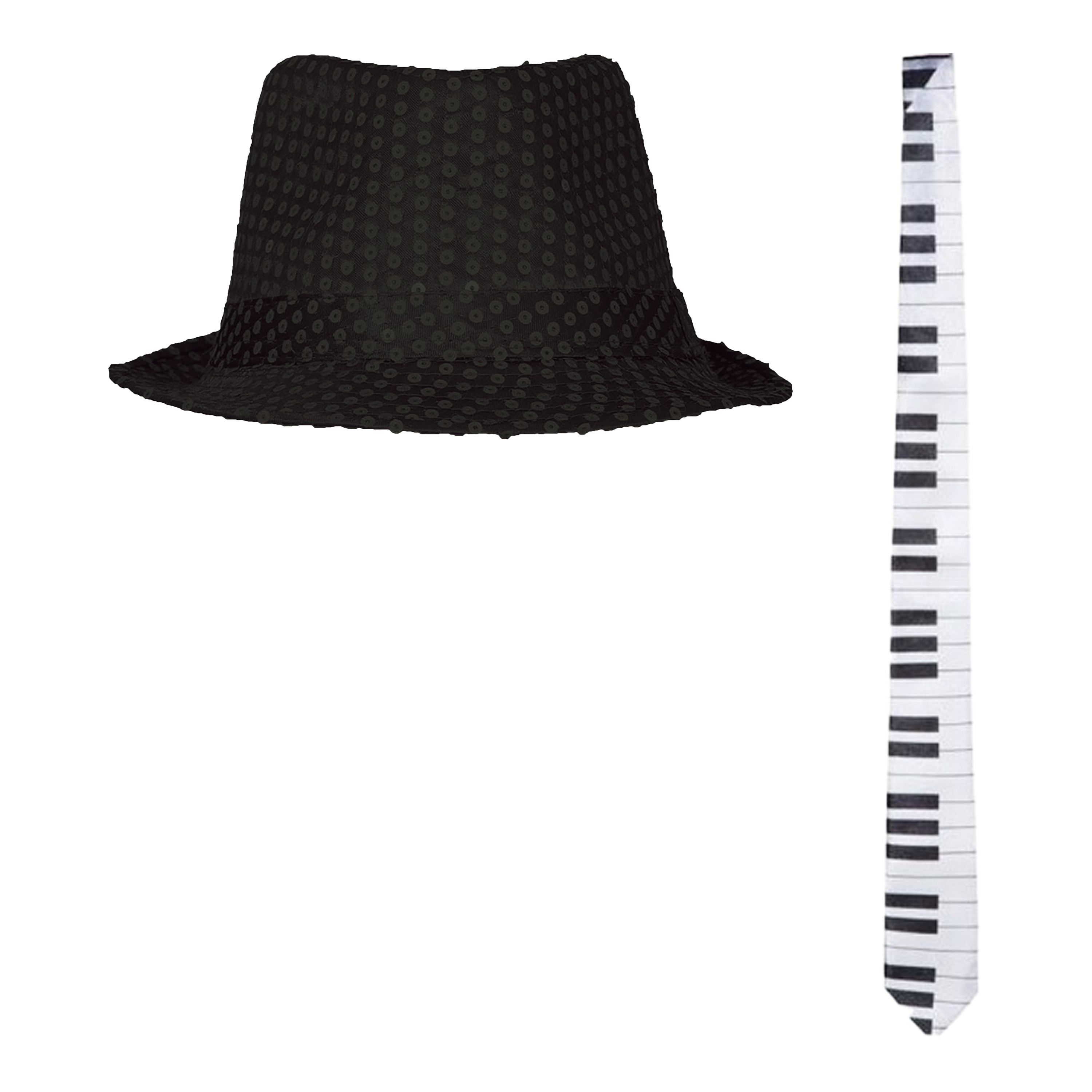 Carnaval muziek thema verkleed set hoedje en piano stropdas zwart heren-dames