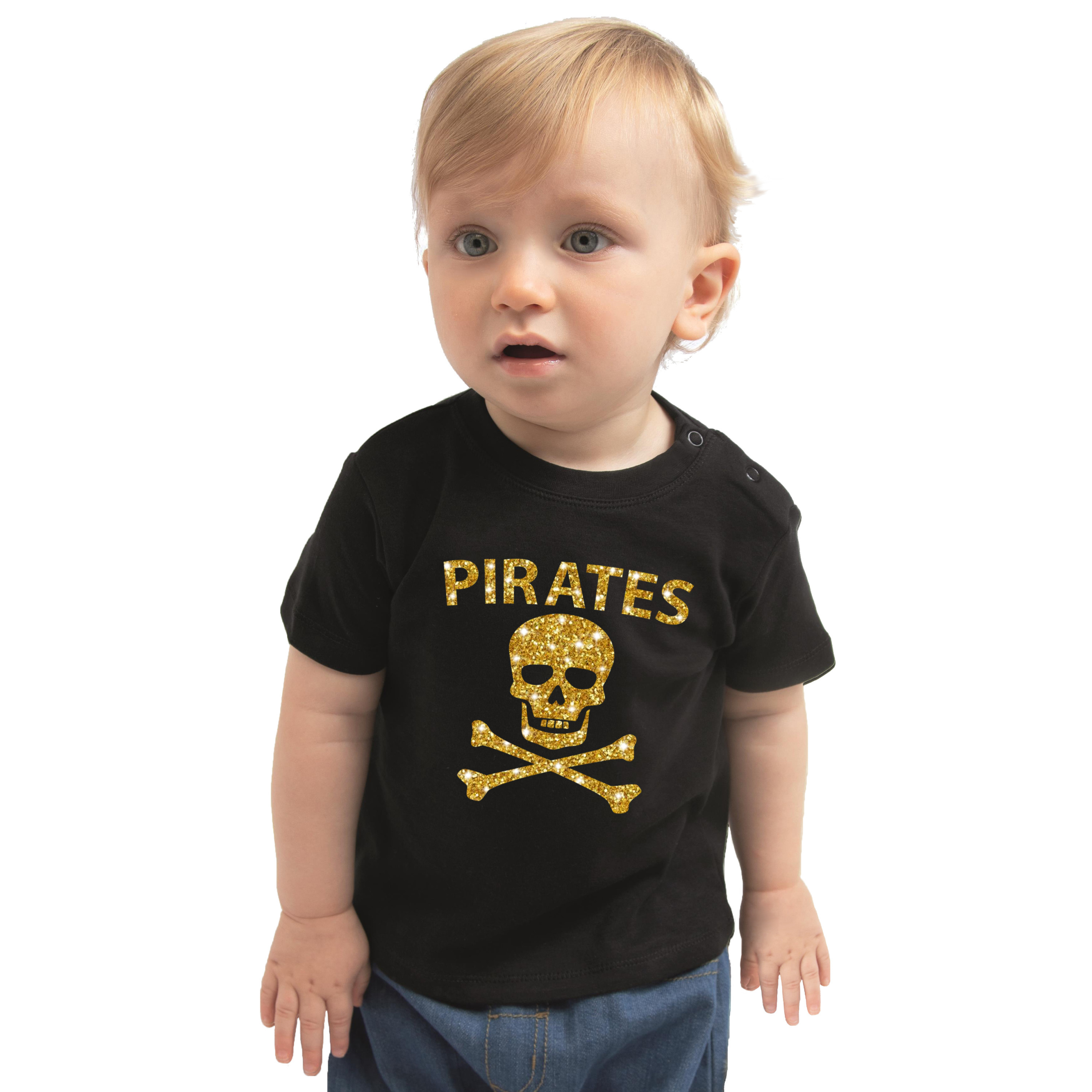 Carnaval piraten t-shirt-kostuum zwart voor baby jongen-meisje met gouden glitter bedrukking