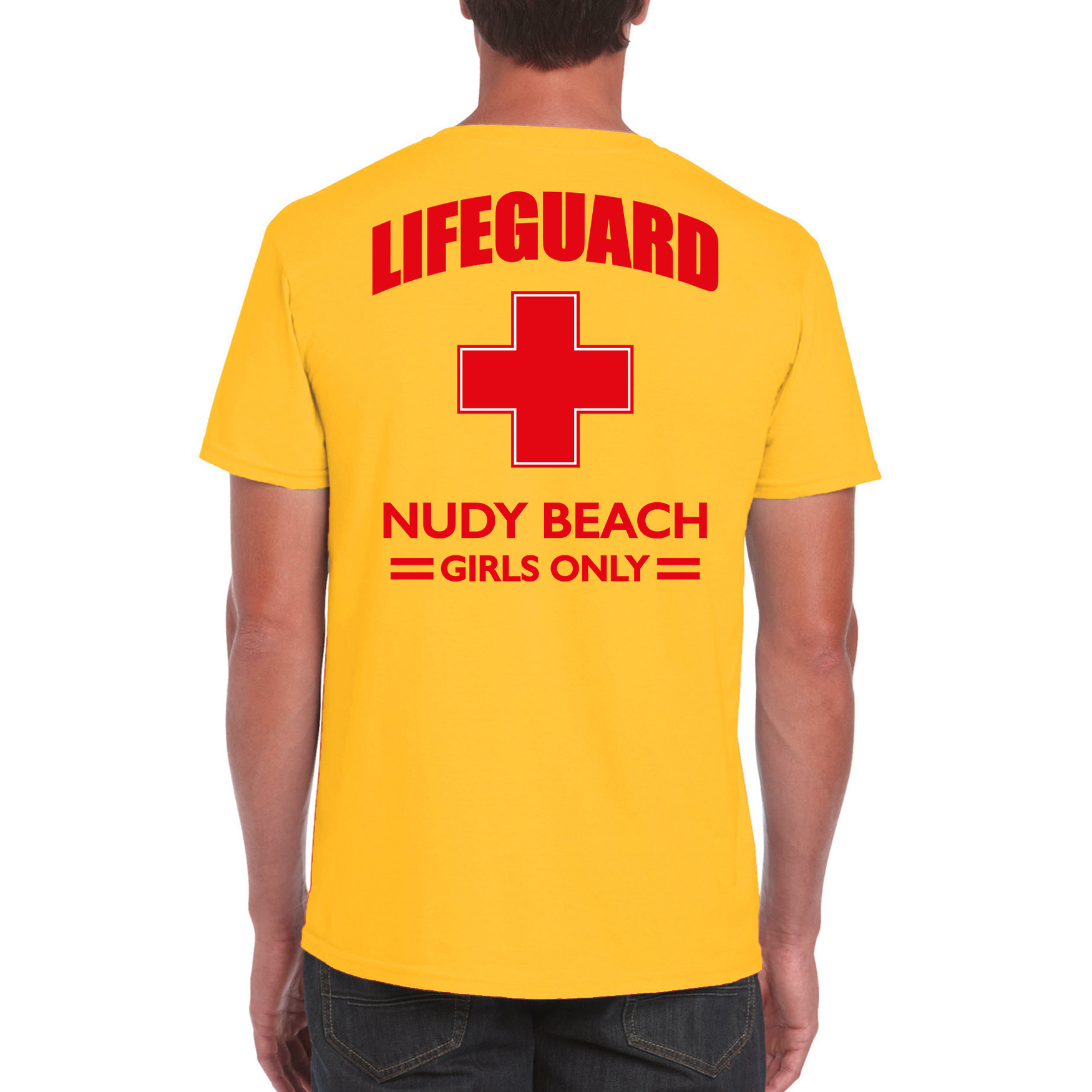 Carnaval reddingsbrigade- lifeguard Nudy Beach girls only t-shirt geel-achter bedrukking heren