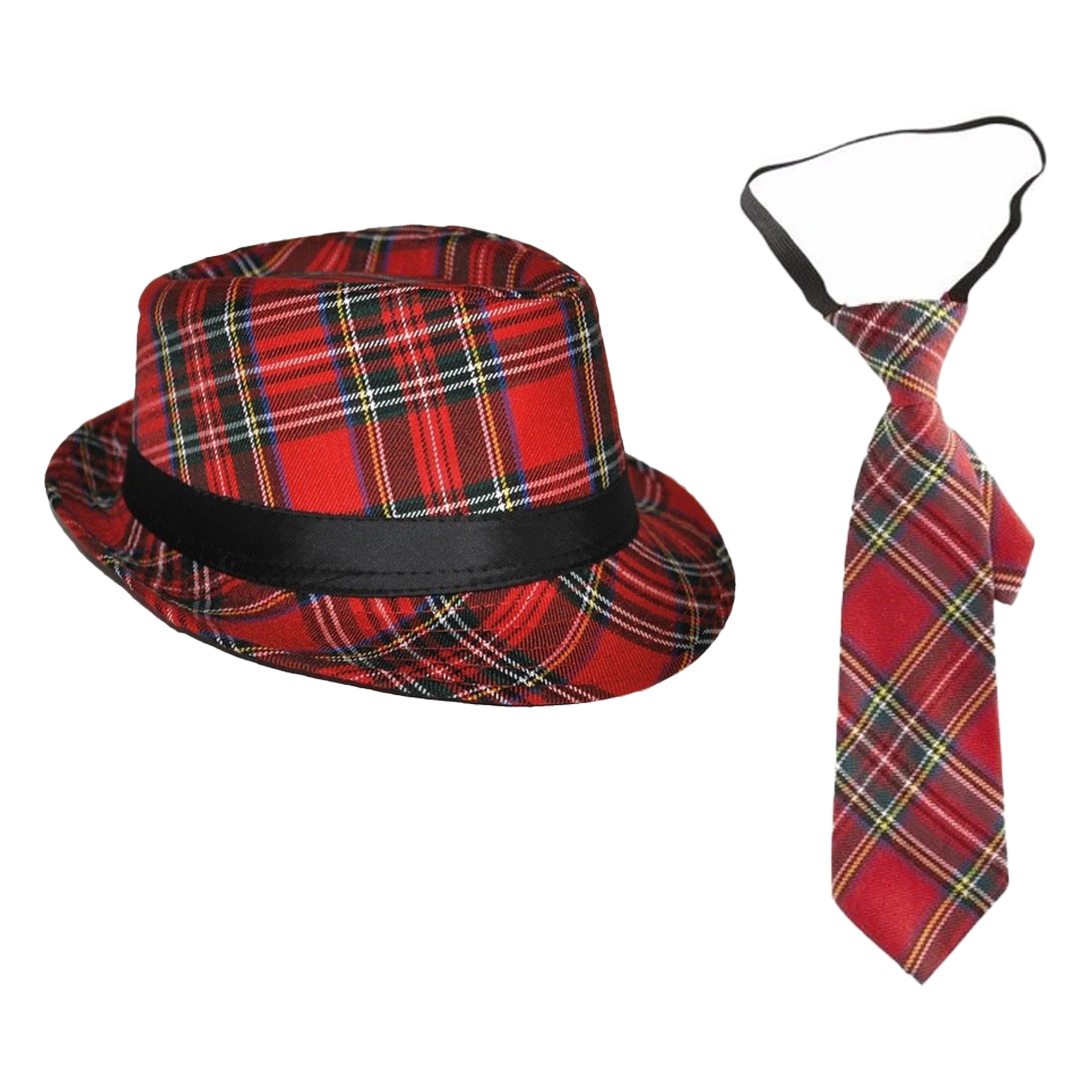 Carnaval Schotse ruit thema verkleed set hoedje en stropdas rood tartan heren