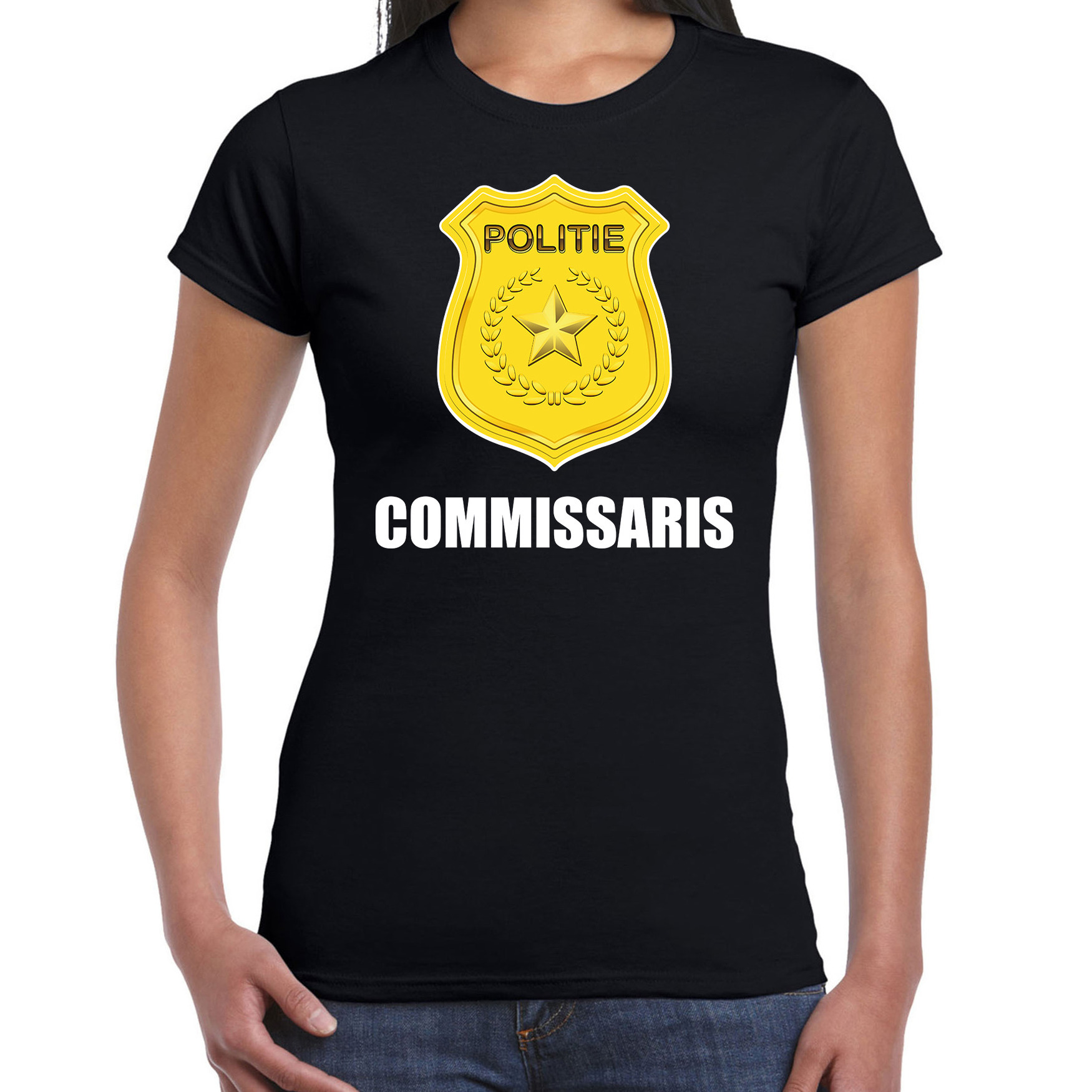 Carnaval shirt-outfit politie embleem commissaris zwart voor dames