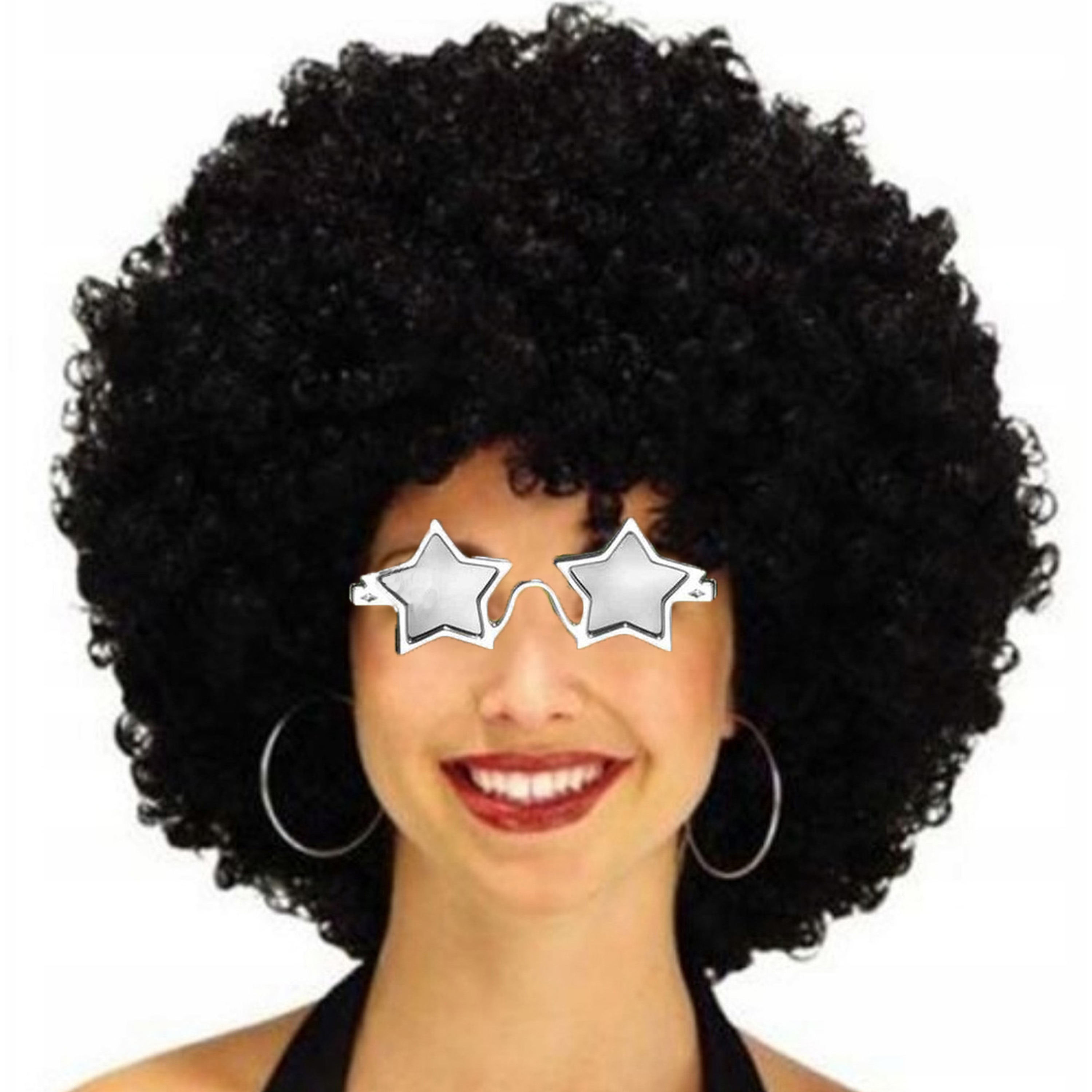 Carnaval verkleed afropruik zwart krullen heren Seventies-Disco thema met ster zonnebril