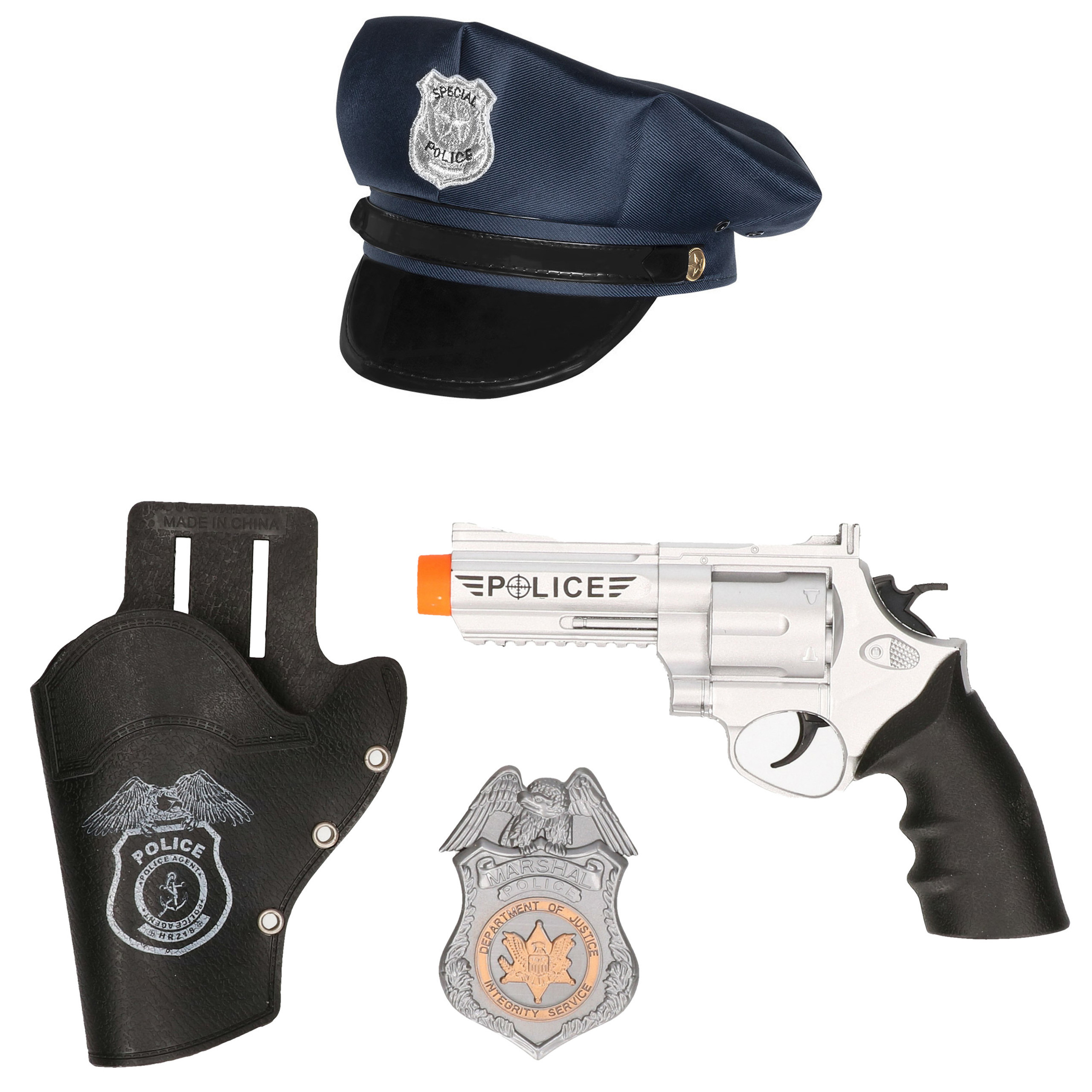 Carnaval verkleed politie agent pet-cap blauw met pistool-badge kinderen accessoires