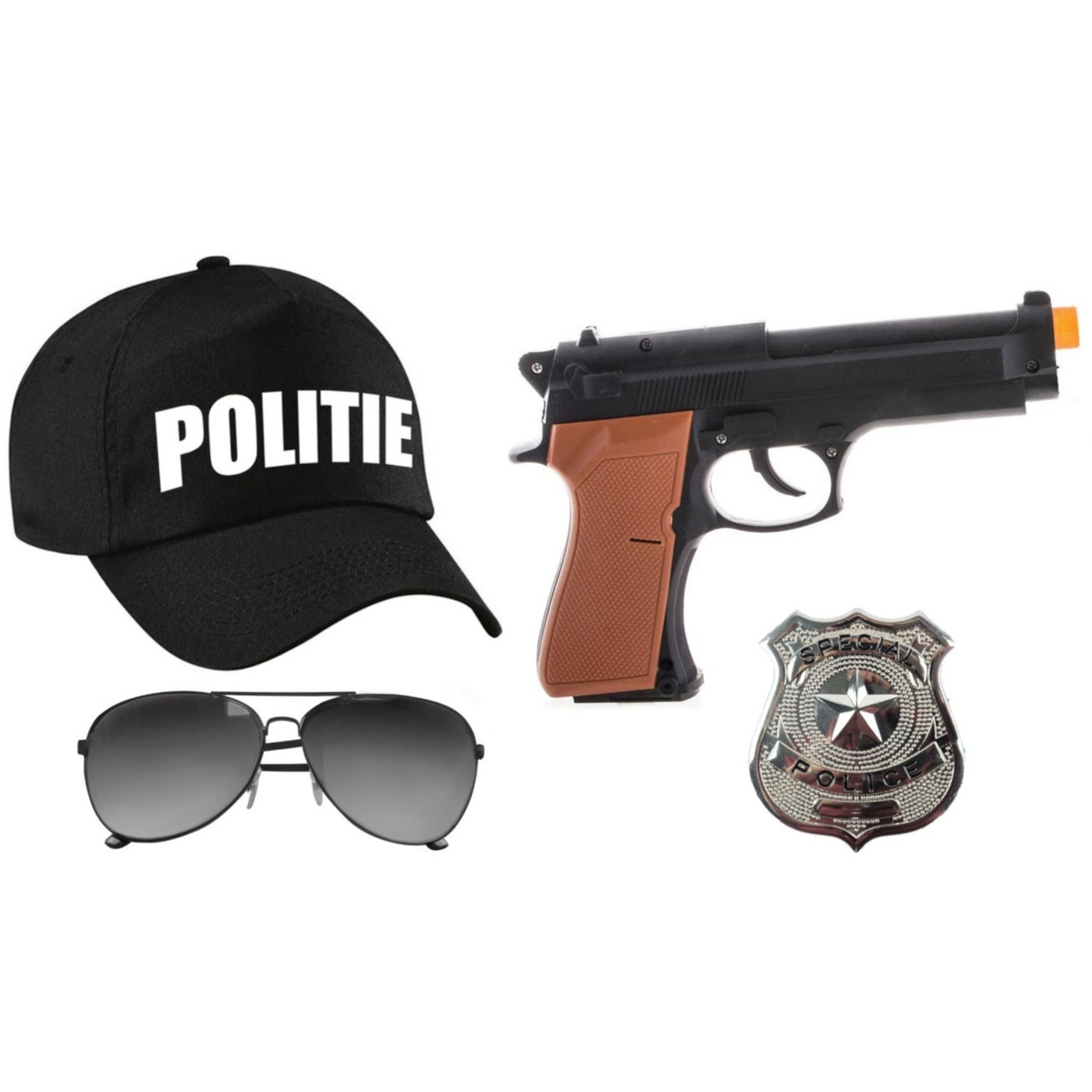 Carnaval verkleed politie agent pet-cap zwart pistool-badge-zonnebril heren-dames