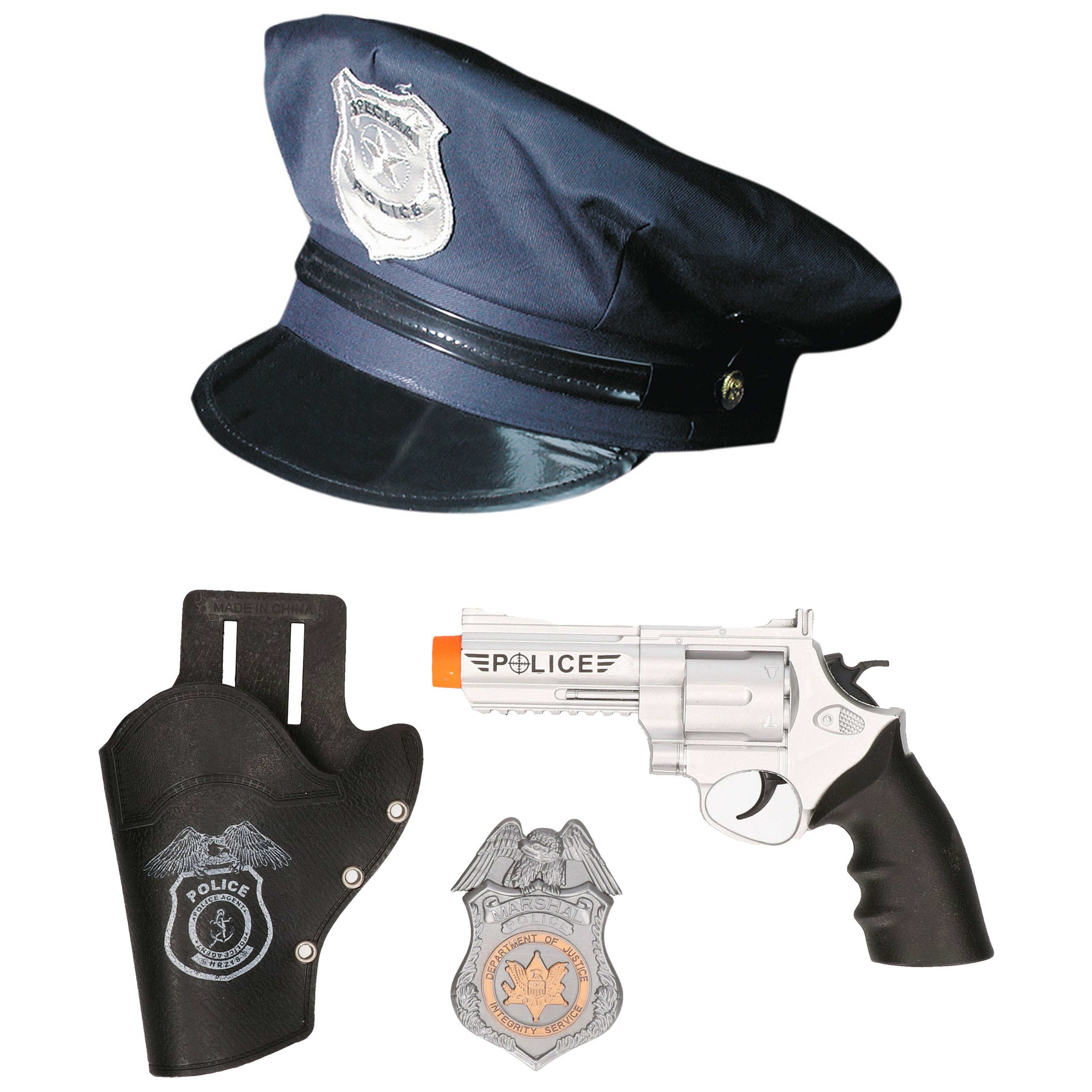 Carnaval verkleed politiepet blauw met pistool-badge heren-dames verkleedkleding accessoires