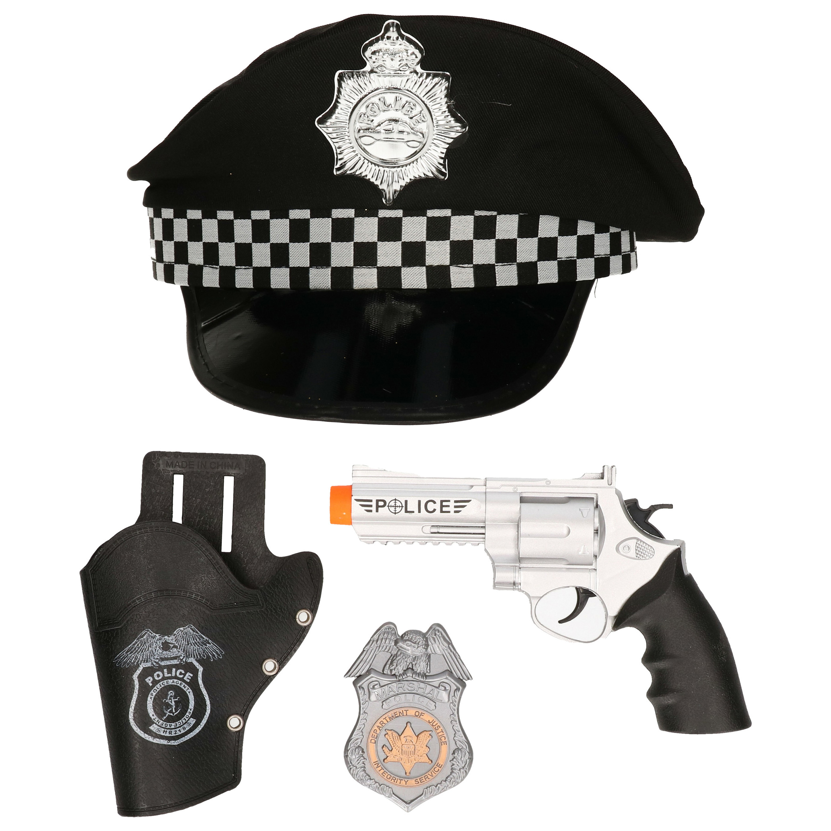 Carnaval verkleed politiepet zwart met pistool-badge heren-dames verkleedkleding accessoires