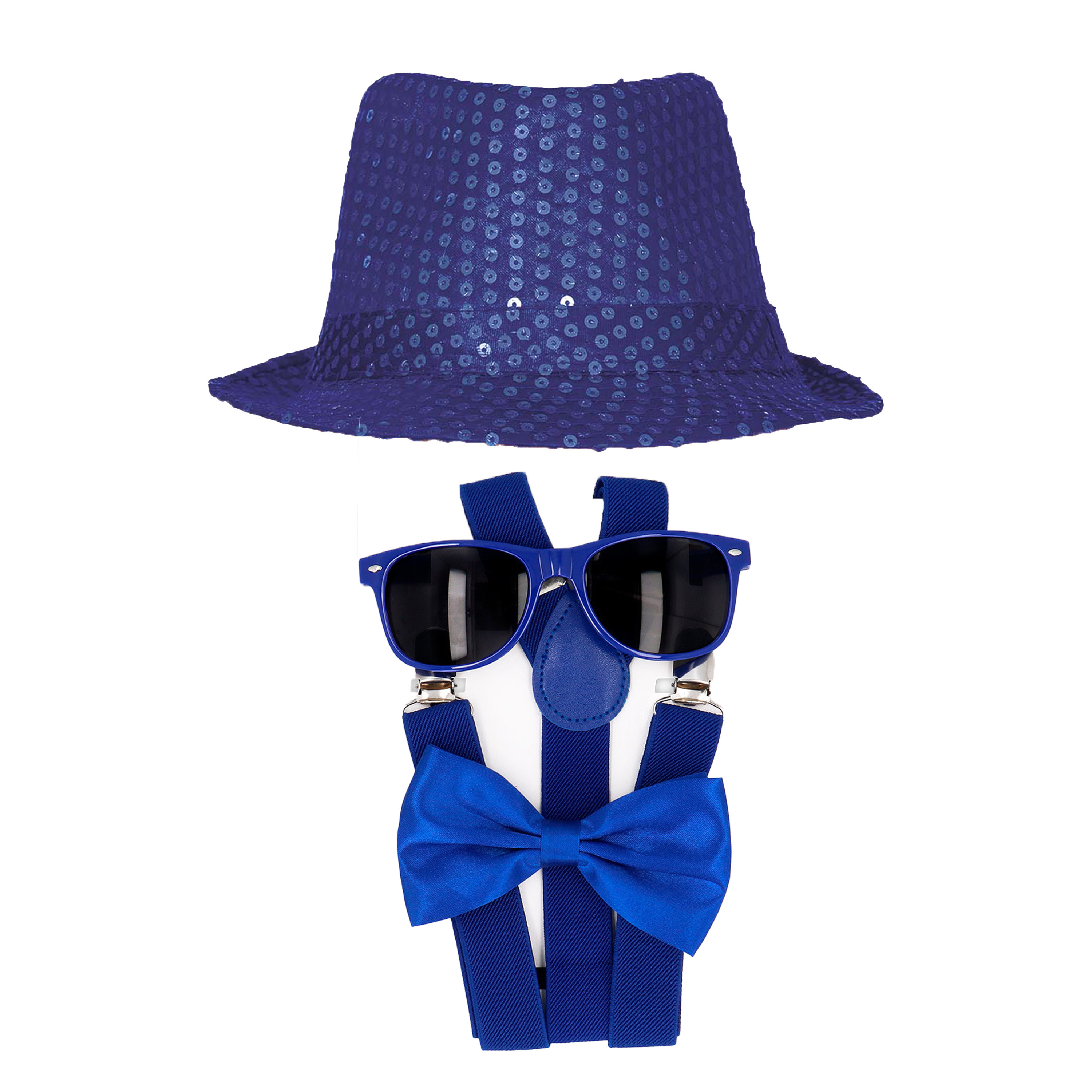 Carnaval verkleed set compleet hoedje-bretels-bril-strikje blauw heren-dames glimmend