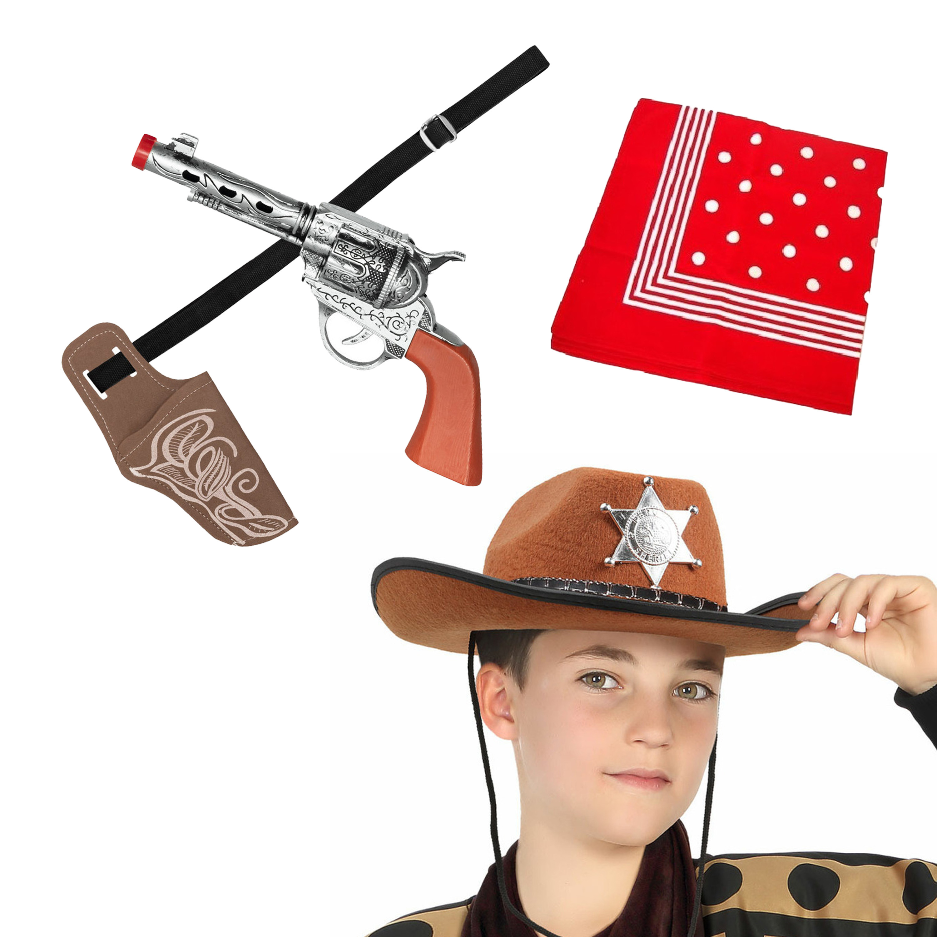 Carnaval Verkleed set Cowboy hoed bruin-zakdoek rood-holster met revolver voor kinderen