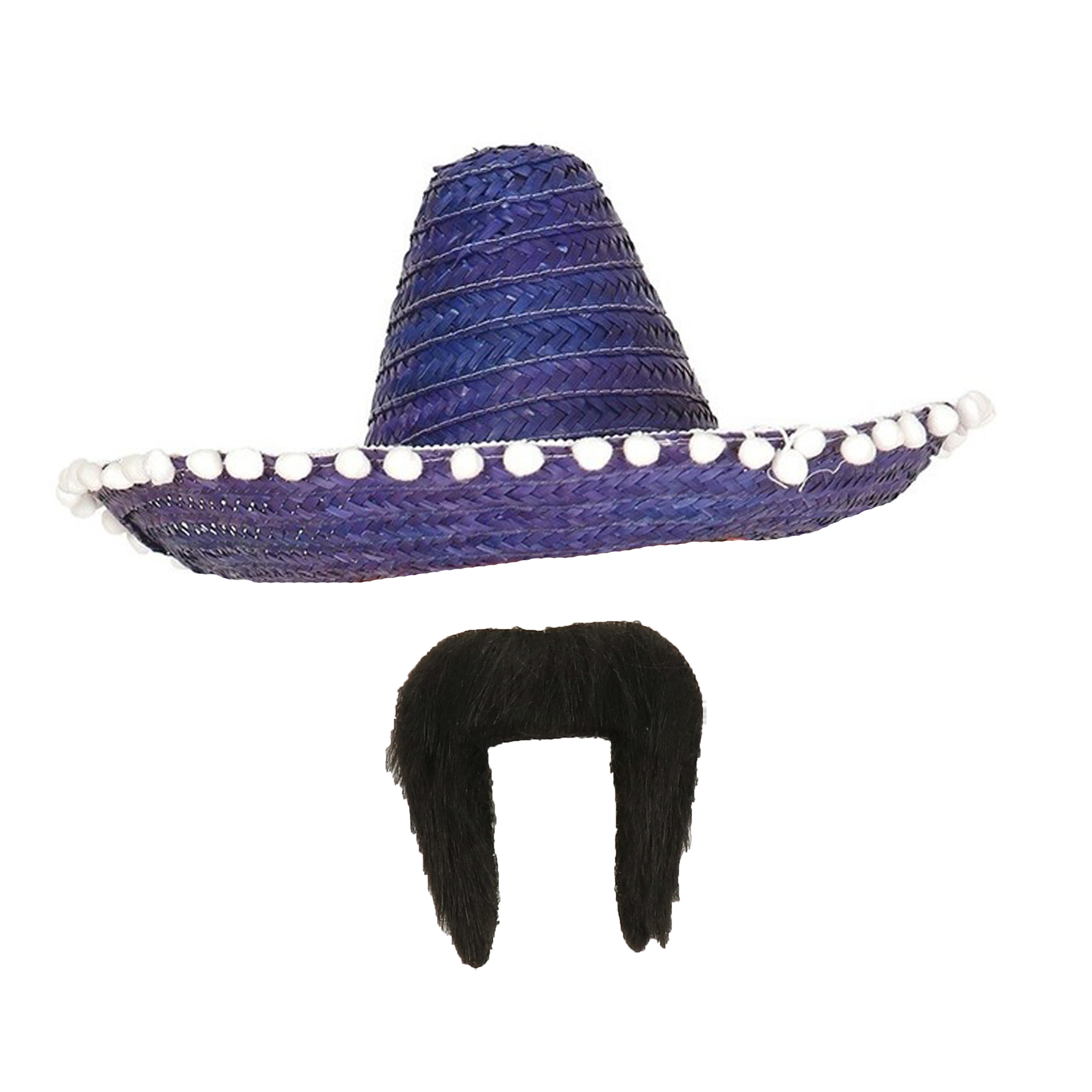 Carnaval verkleed set Mexicaanse sombrero hoed dia 45 cm met plaksnor blauw heren