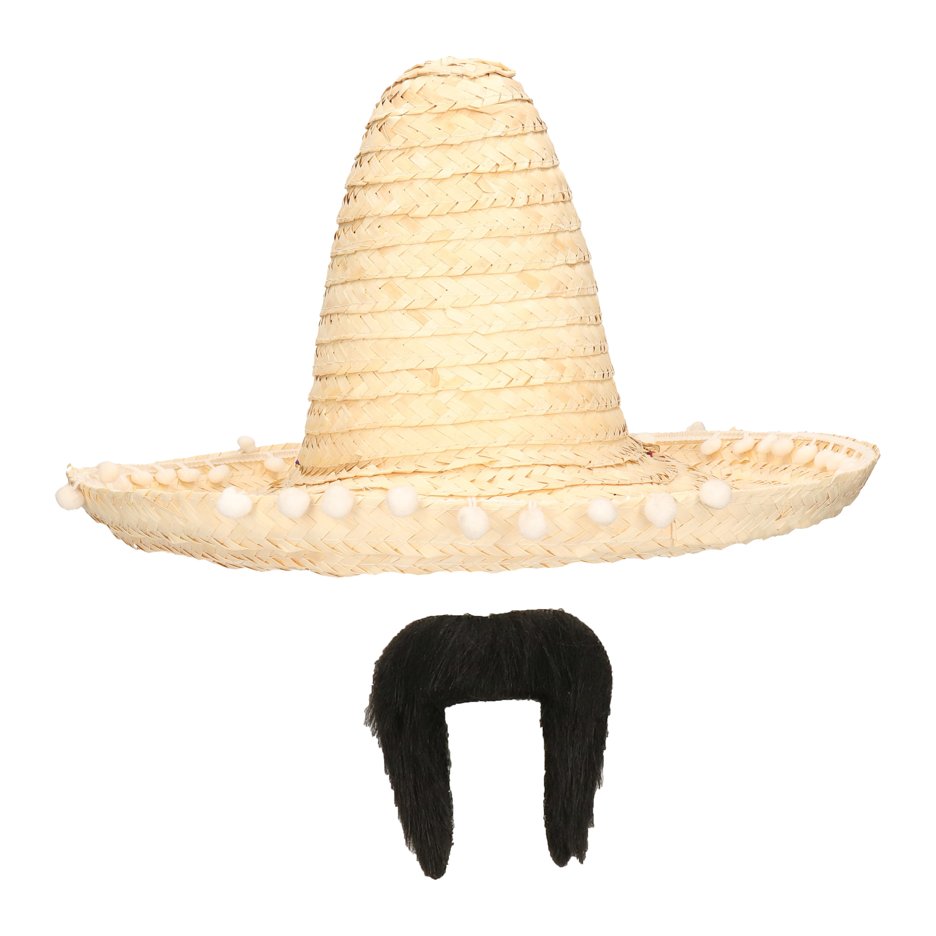Carnaval verkleed set Mexicaanse sombrero hoed dia 45 cm met plaksnor naturel heren