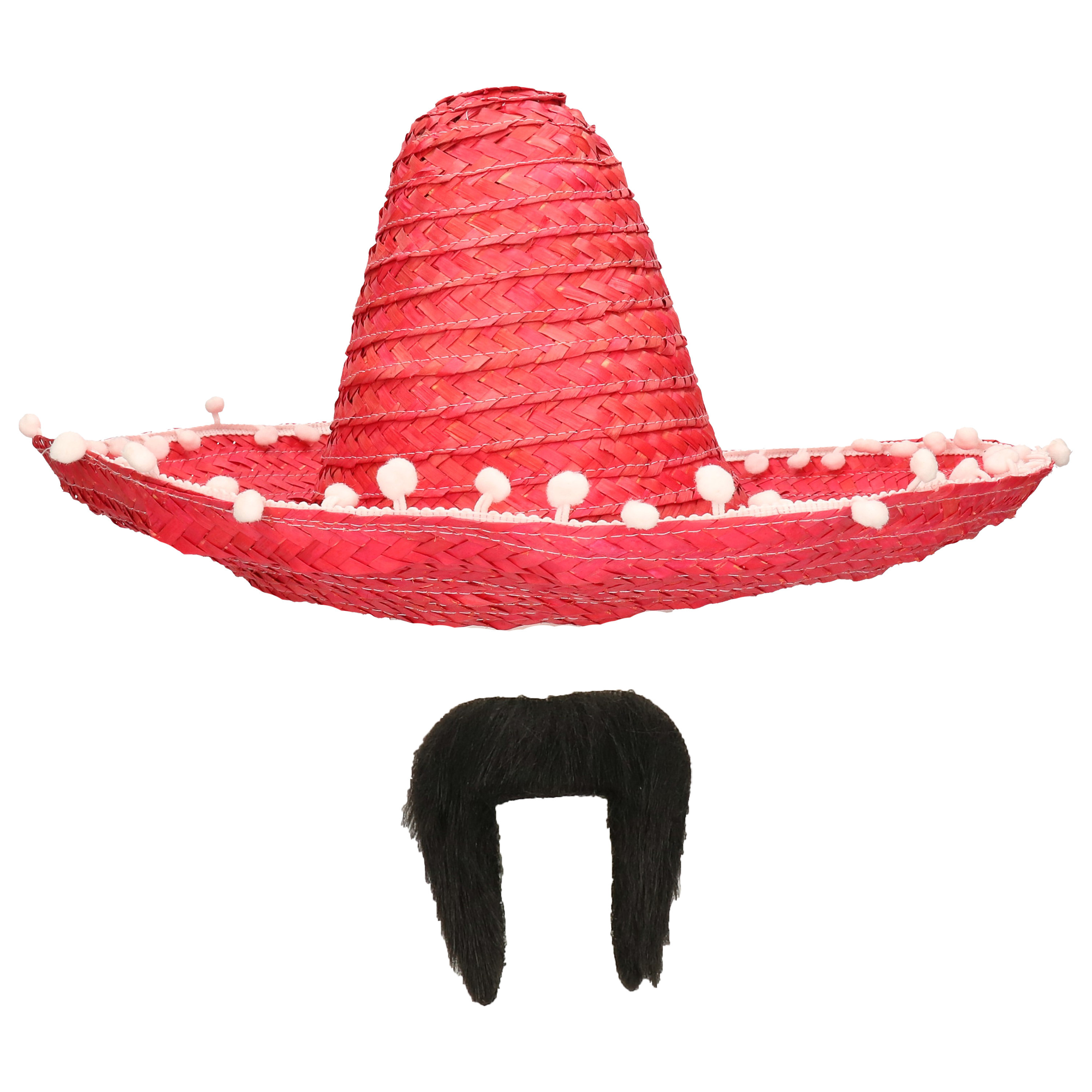 Carnaval verkleed set Mexicaanse sombrero hoed dia 45 cm met plaksnor rood heren