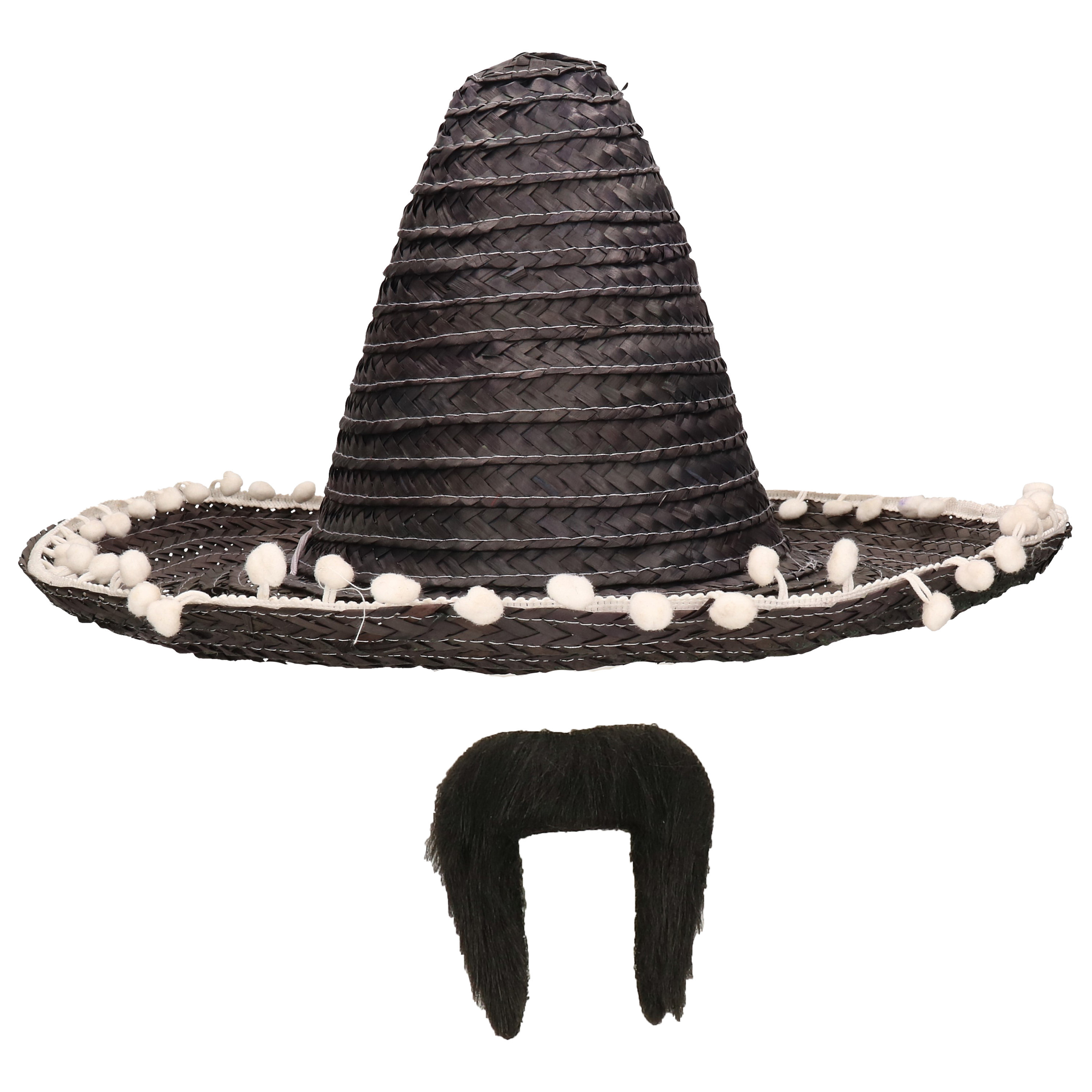Carnaval verkleed set Mexicaanse sombrero hoed dia 45 cm met plaksnor zwart heren