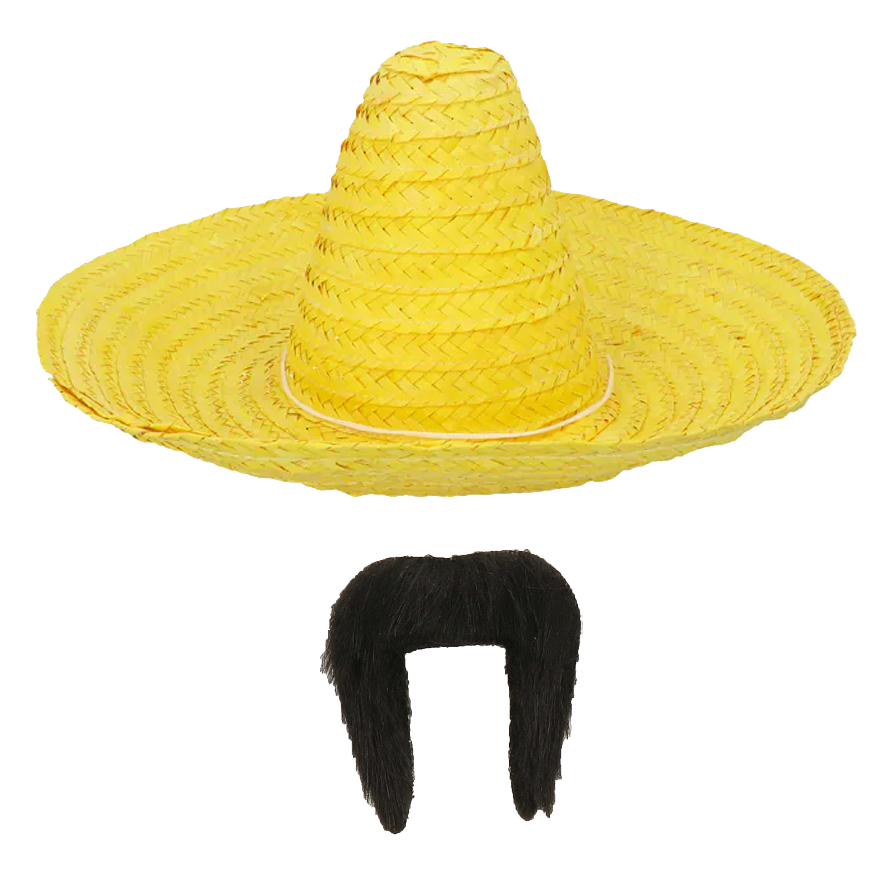 Carnaval verkleed set Mexicaanse sombrero hoed dia 49 cm met plaksnor geel heren