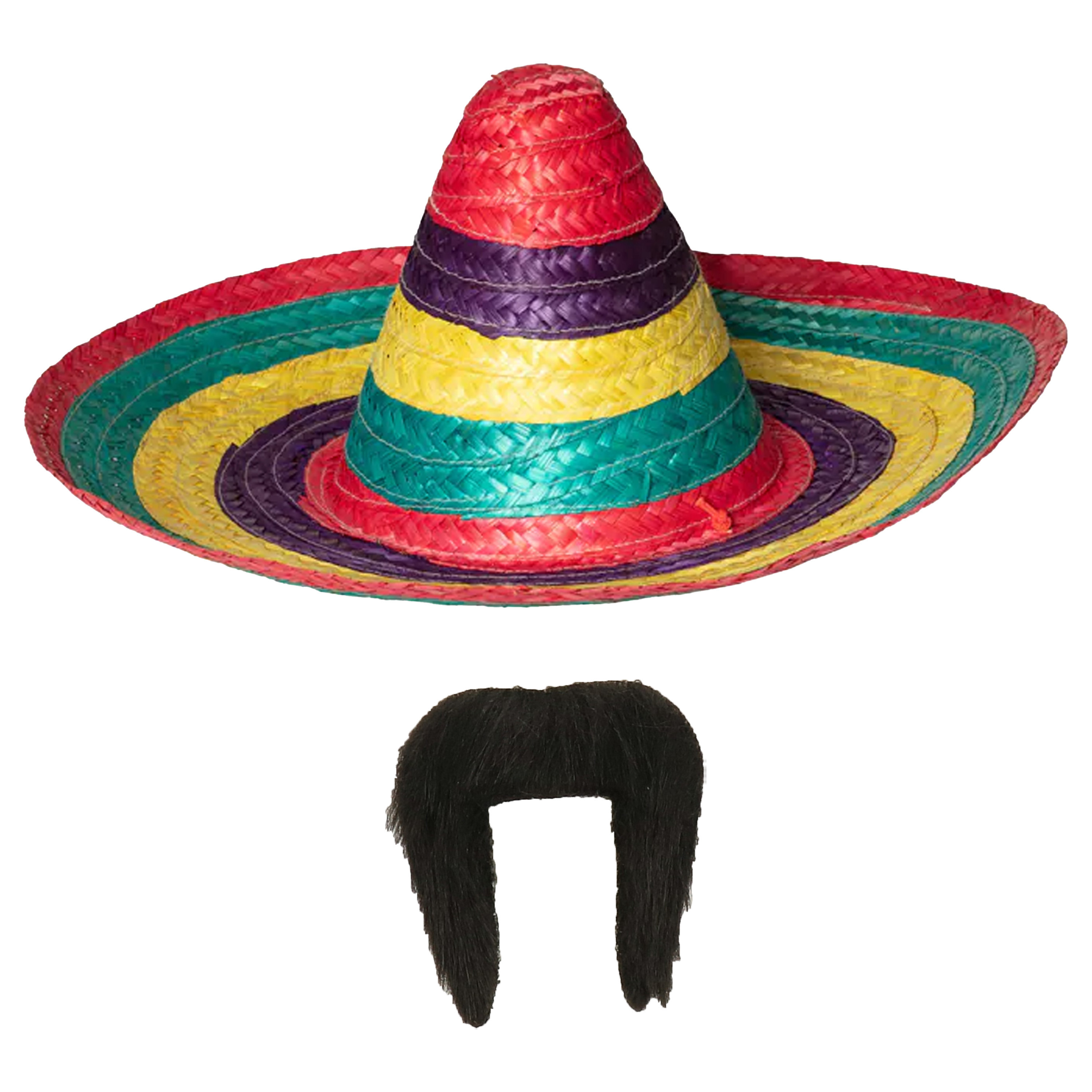 Carnaval verkleed set Mexicaanse sombrero hoed dia 49 cm met plaksnor multi kleuren heren