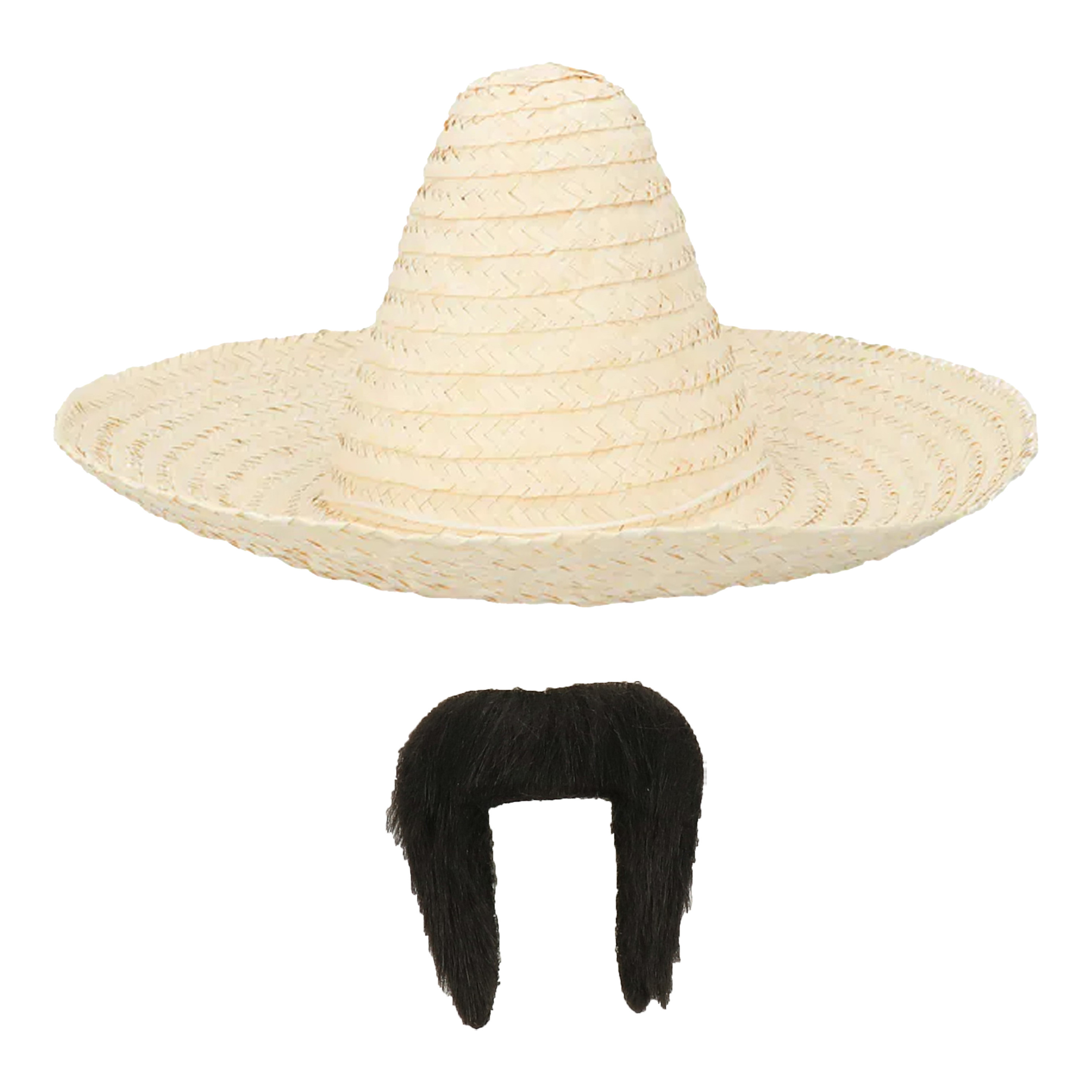 Carnaval verkleed set Mexicaanse sombrero hoed dia 49 cm met plaksnor naturel heren