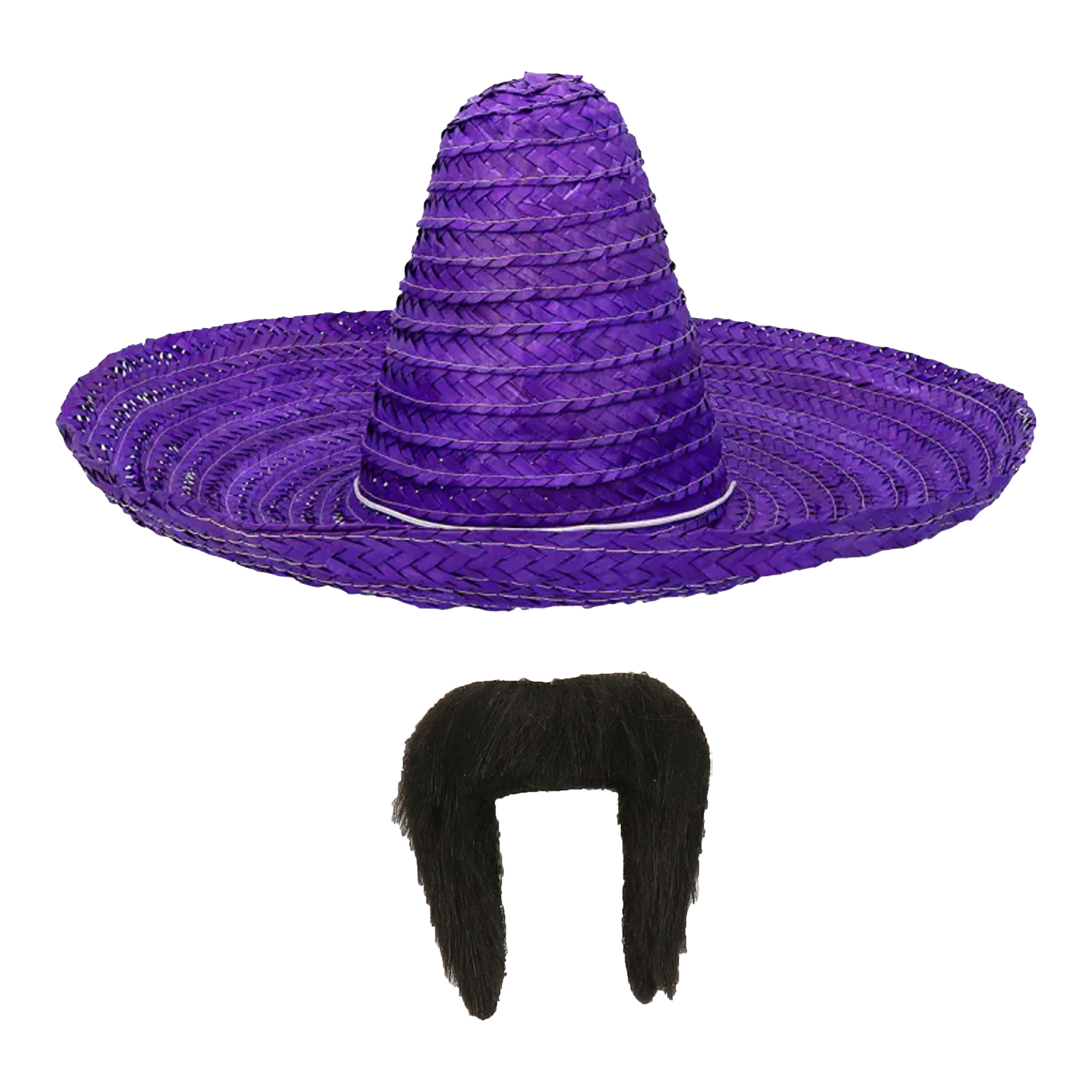 Carnaval verkleed set Mexicaanse sombrero hoed dia 49 cm met plaksnor paars heren