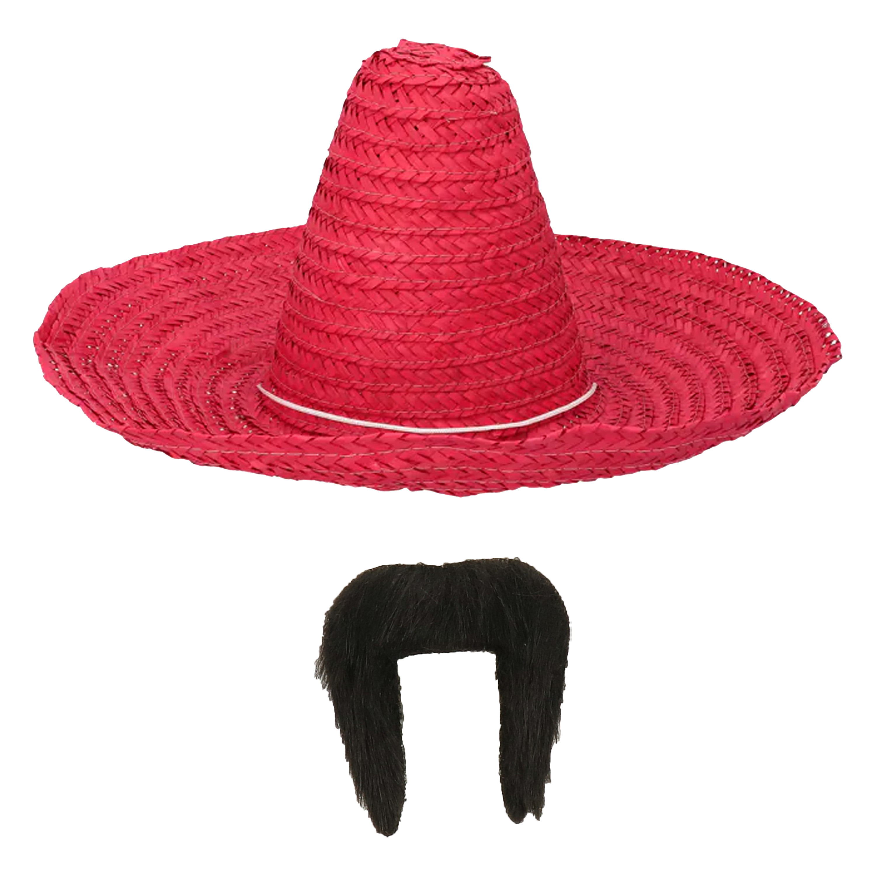 Carnaval verkleed set Mexicaanse sombrero hoed dia 49 cm met plaksnor rood heren