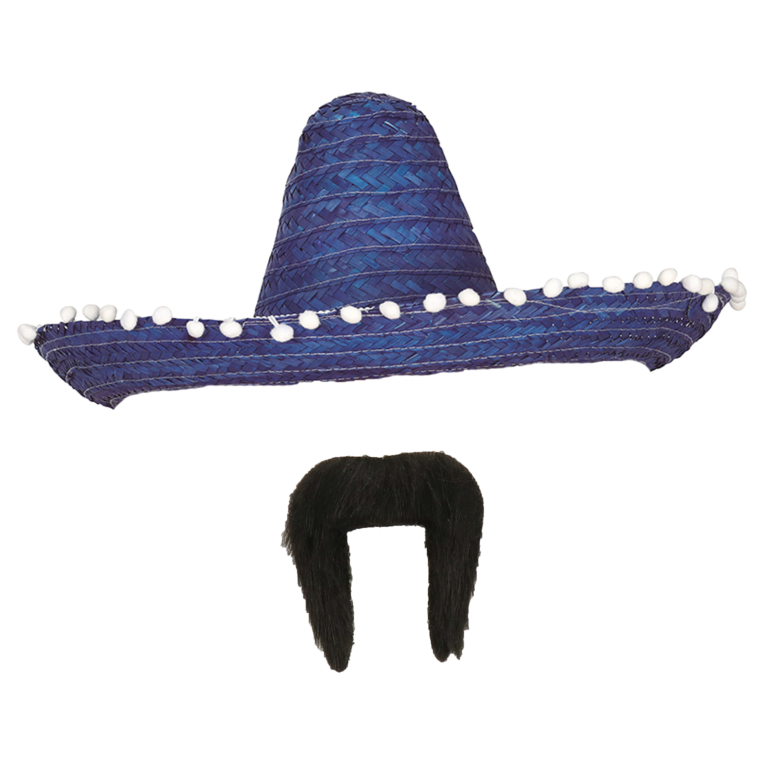 Carnaval verkleed set Mexicaanse sombrero hoed dia 50 cm met plaksnor blauw heren