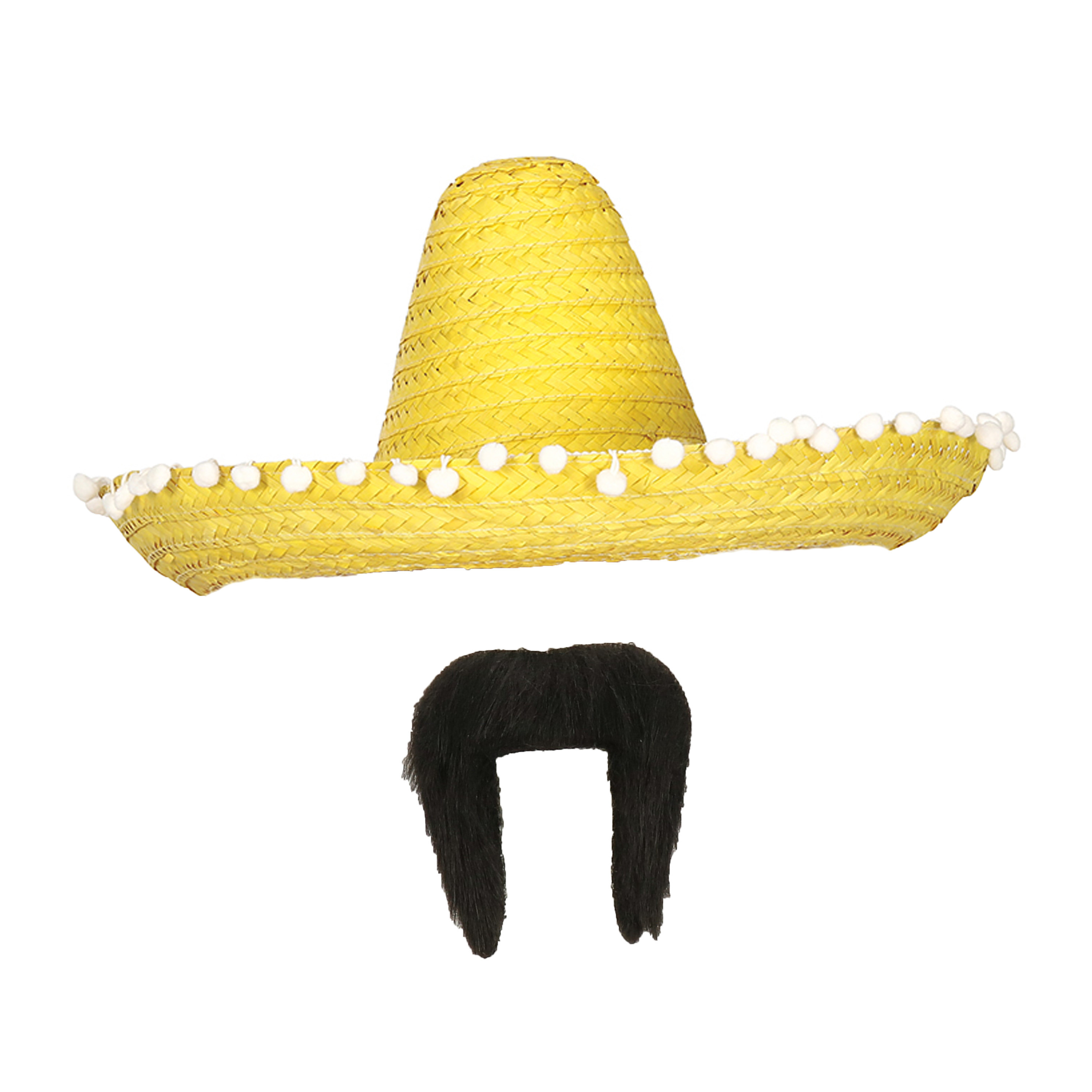 Carnaval verkleed set Mexicaanse sombrero hoed dia 50 cm met plaksnor geel heren