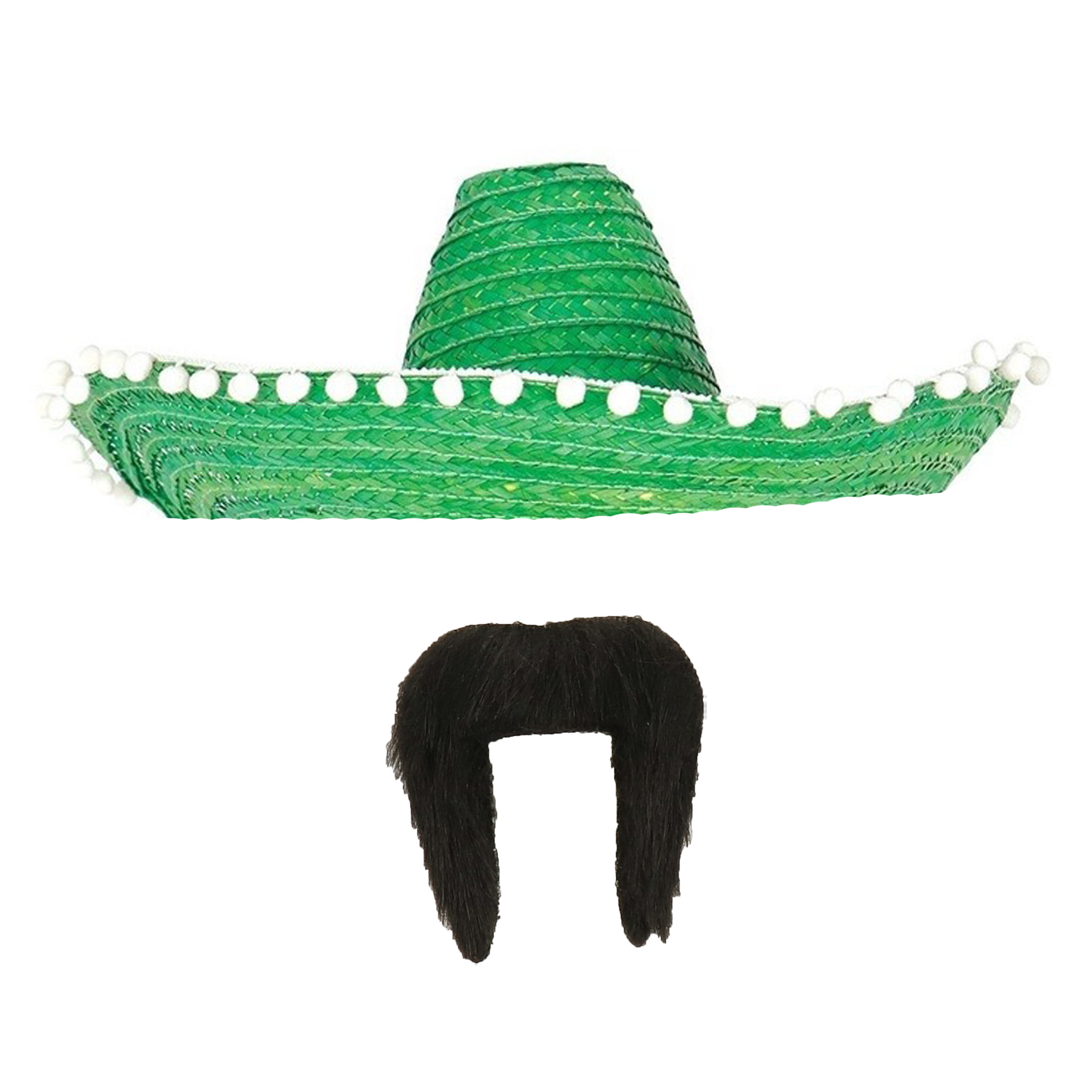 Carnaval verkleed set Mexicaanse sombrero hoed dia 50 cm met plaksnor groen heren
