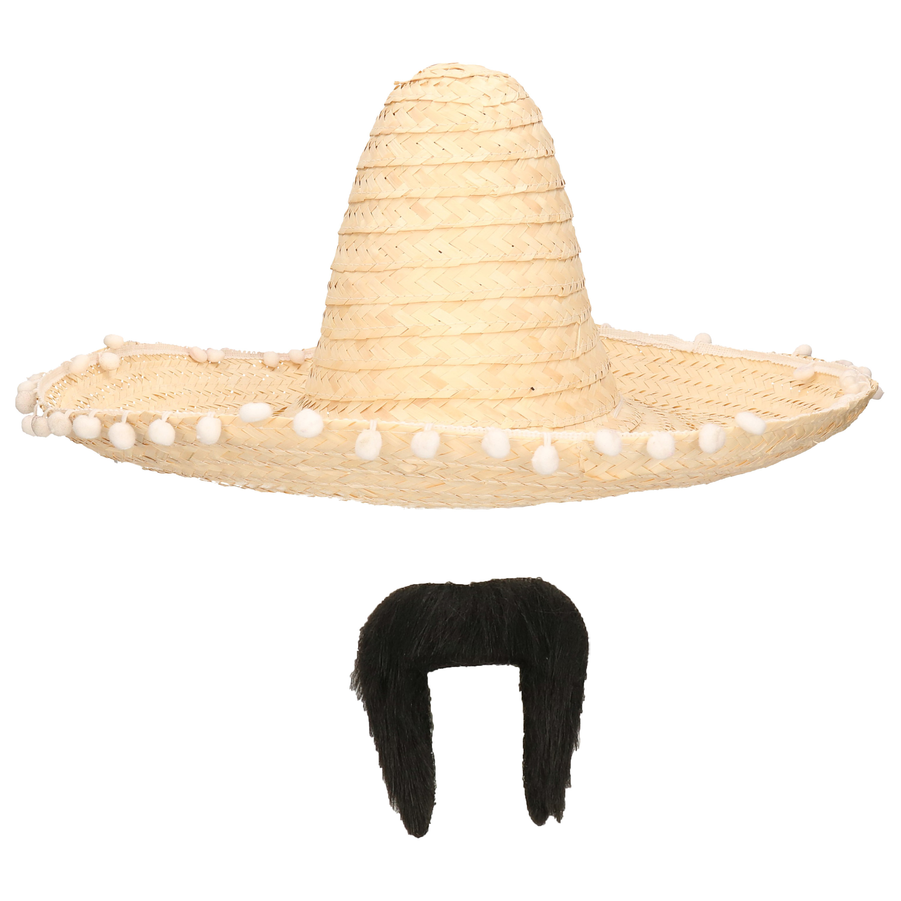 Carnaval verkleed set Mexicaanse sombrero hoed dia 50 cm met plaksnor naturel heren