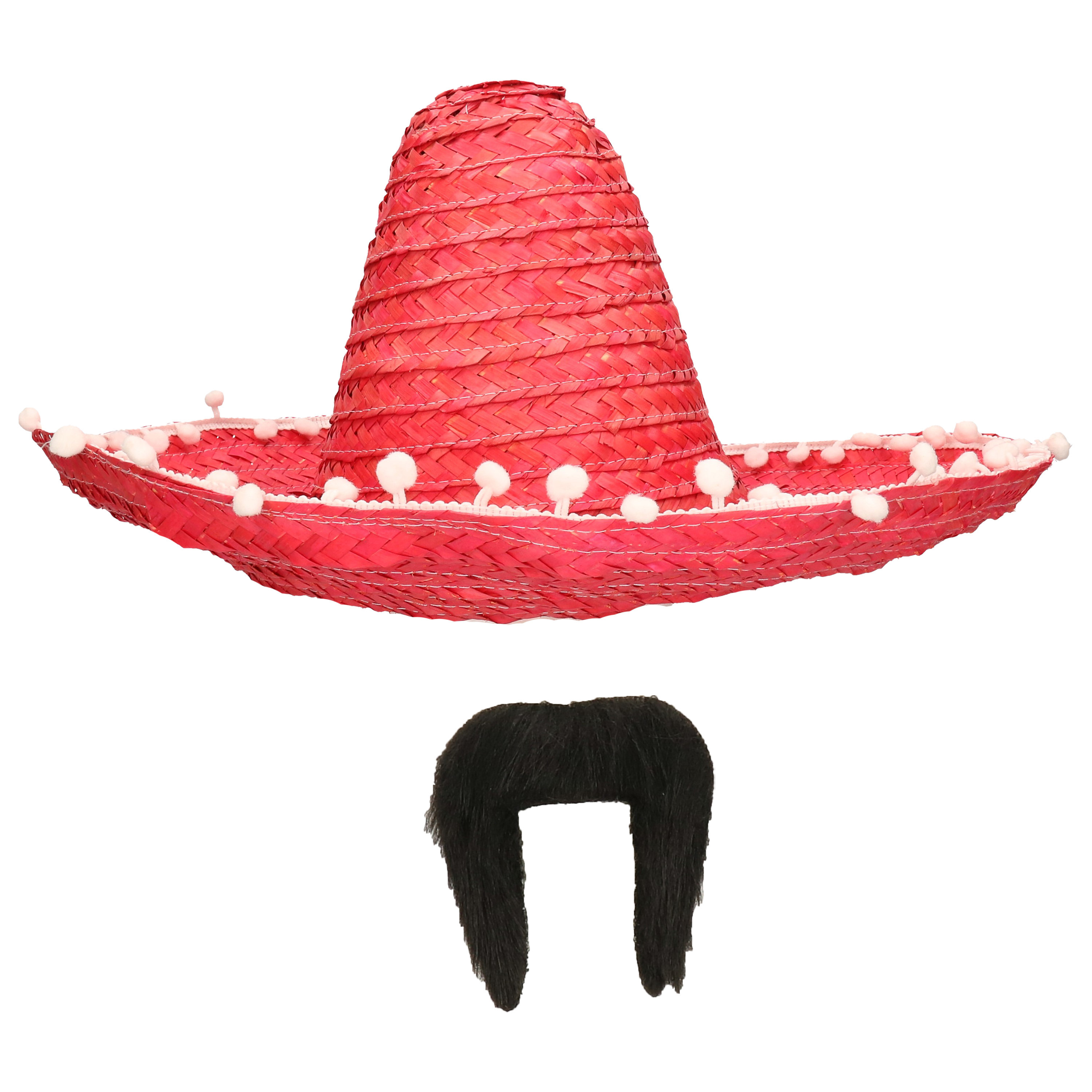 Carnaval verkleed set Mexicaanse sombrero hoed dia 50 cm met plaksnor rood heren