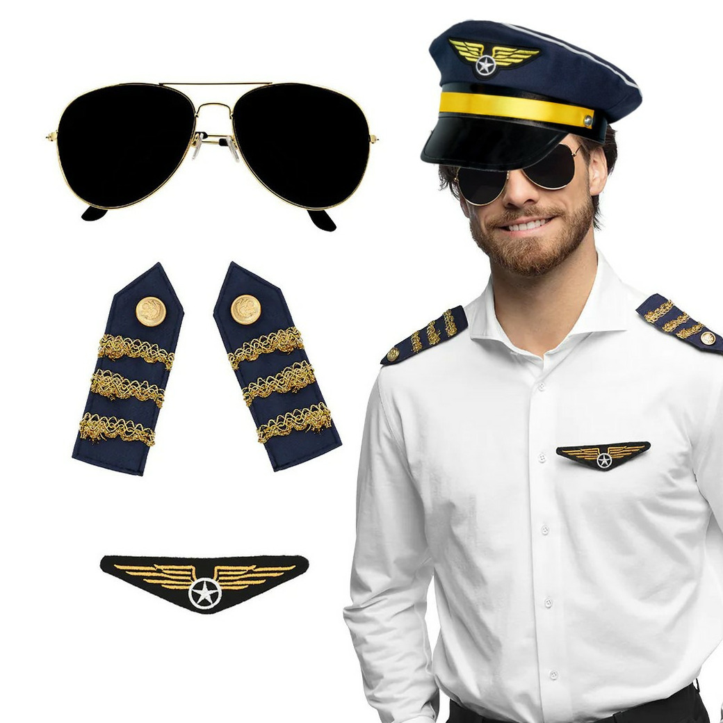 Carnaval verkleed set pilotenpet blauw met epauletten-badge-zonnebril heren-dames