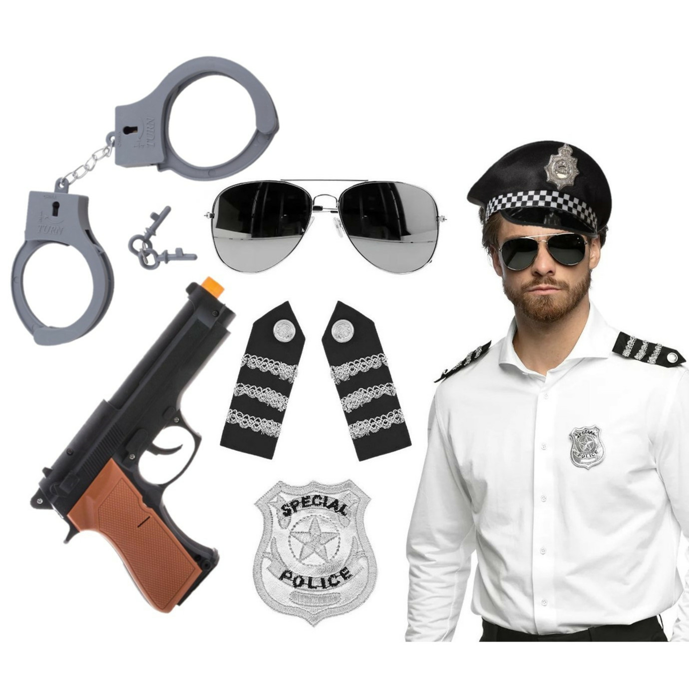 Carnaval verkleed set politiepet zwart handboeien-epauletten-badge-zonnebril-pistool