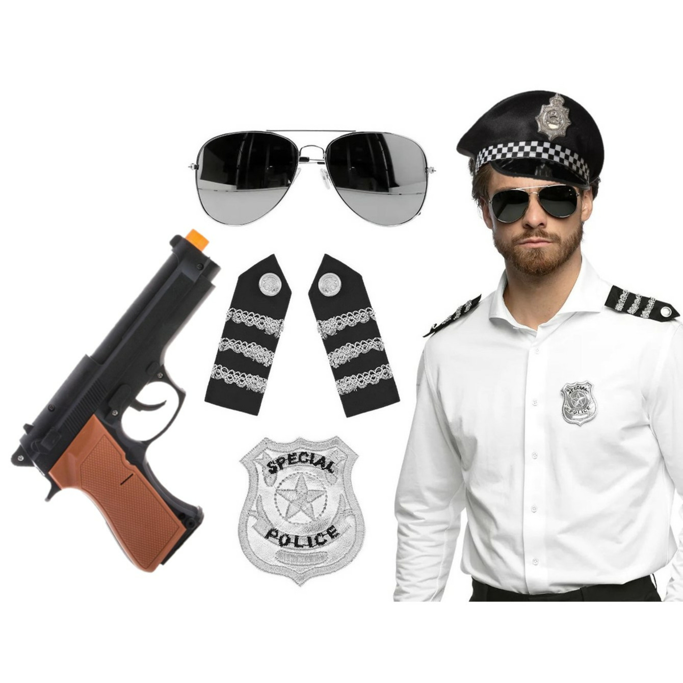 Carnaval verkleed set politiepet zwart met epauletten-badge-zonnebril-pistool heren-dames