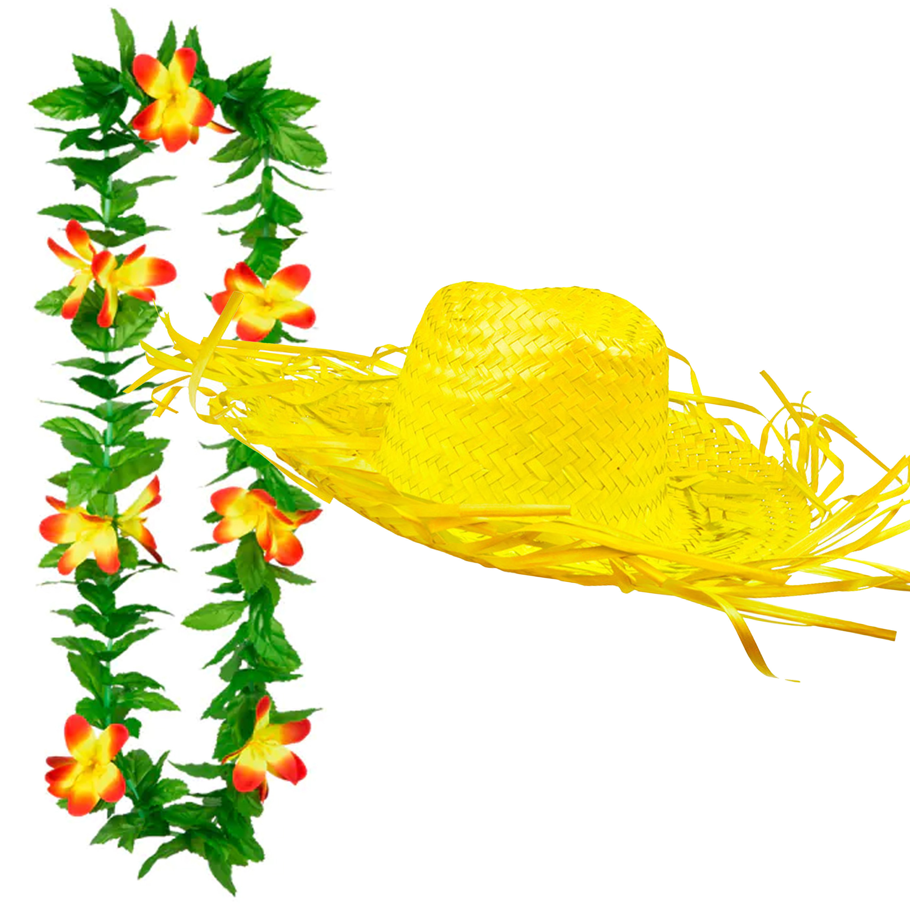 Carnaval verkleed set Tropische Hawaii party stro hoed geel met bloemenslinger groen-geel