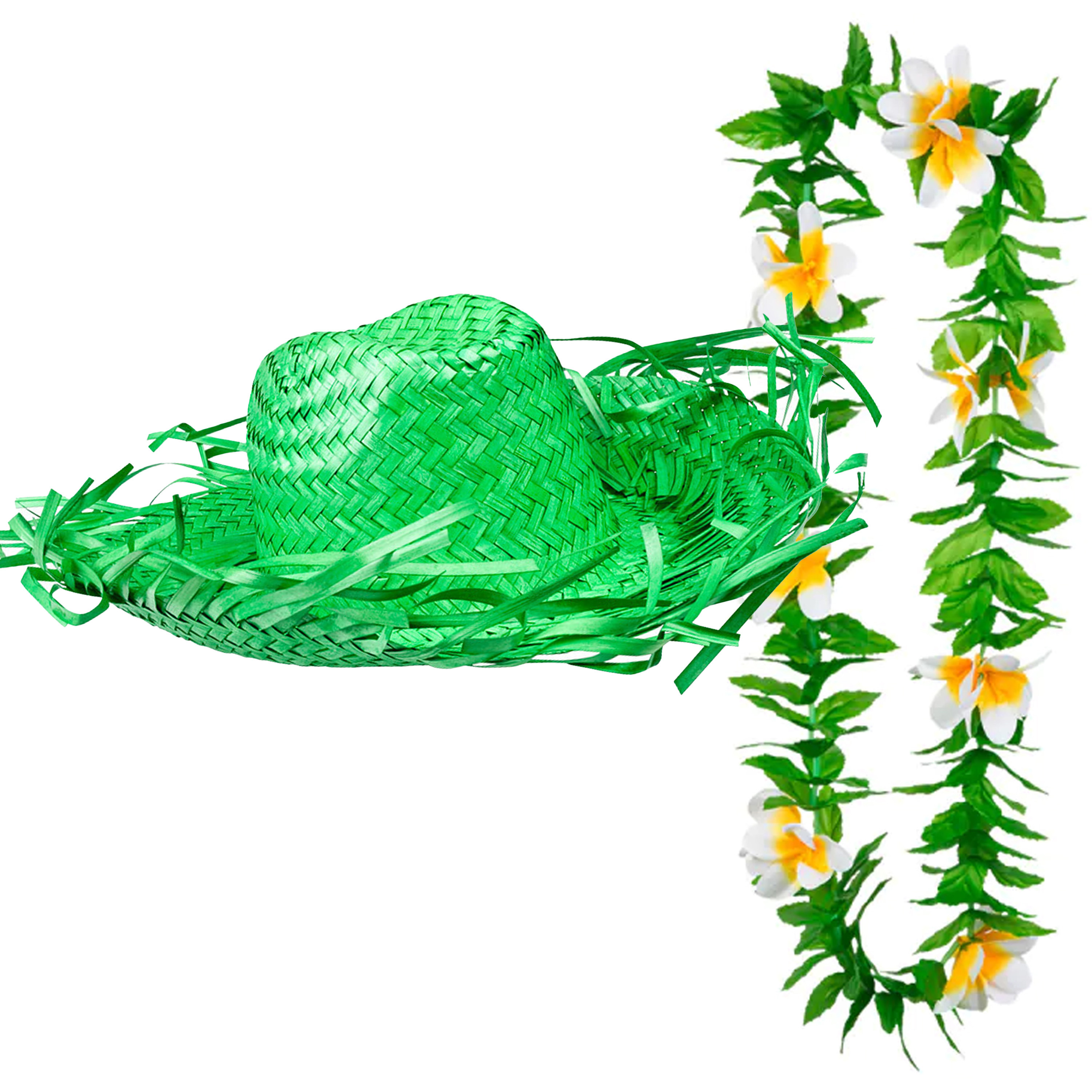 Carnaval verkleed set Tropische Hawaii party stro hoed groen met bloemenslinger groen-wit