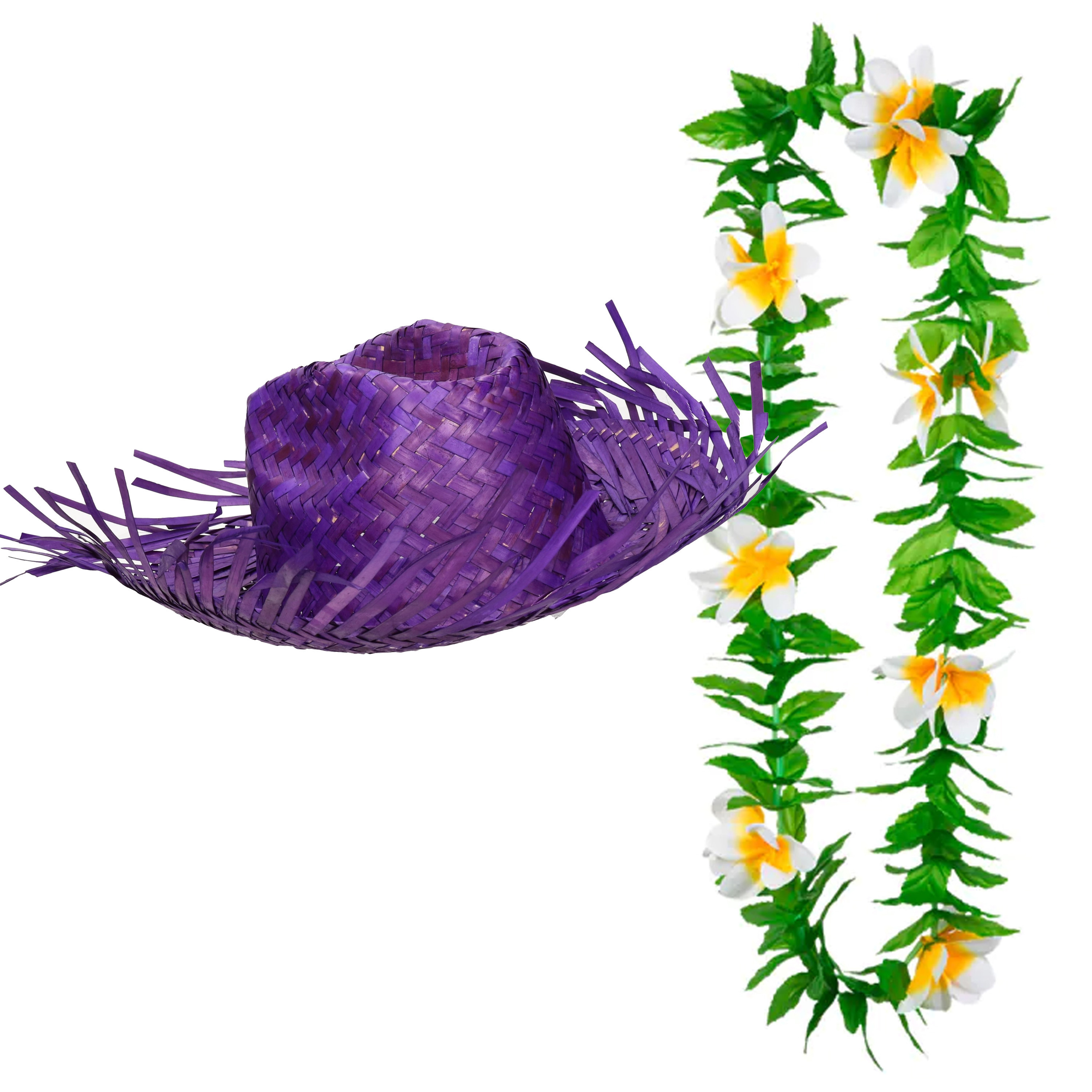 Carnaval verkleed set Tropische Hawaii party stro hoed paars met bloemenslinger groen-wit