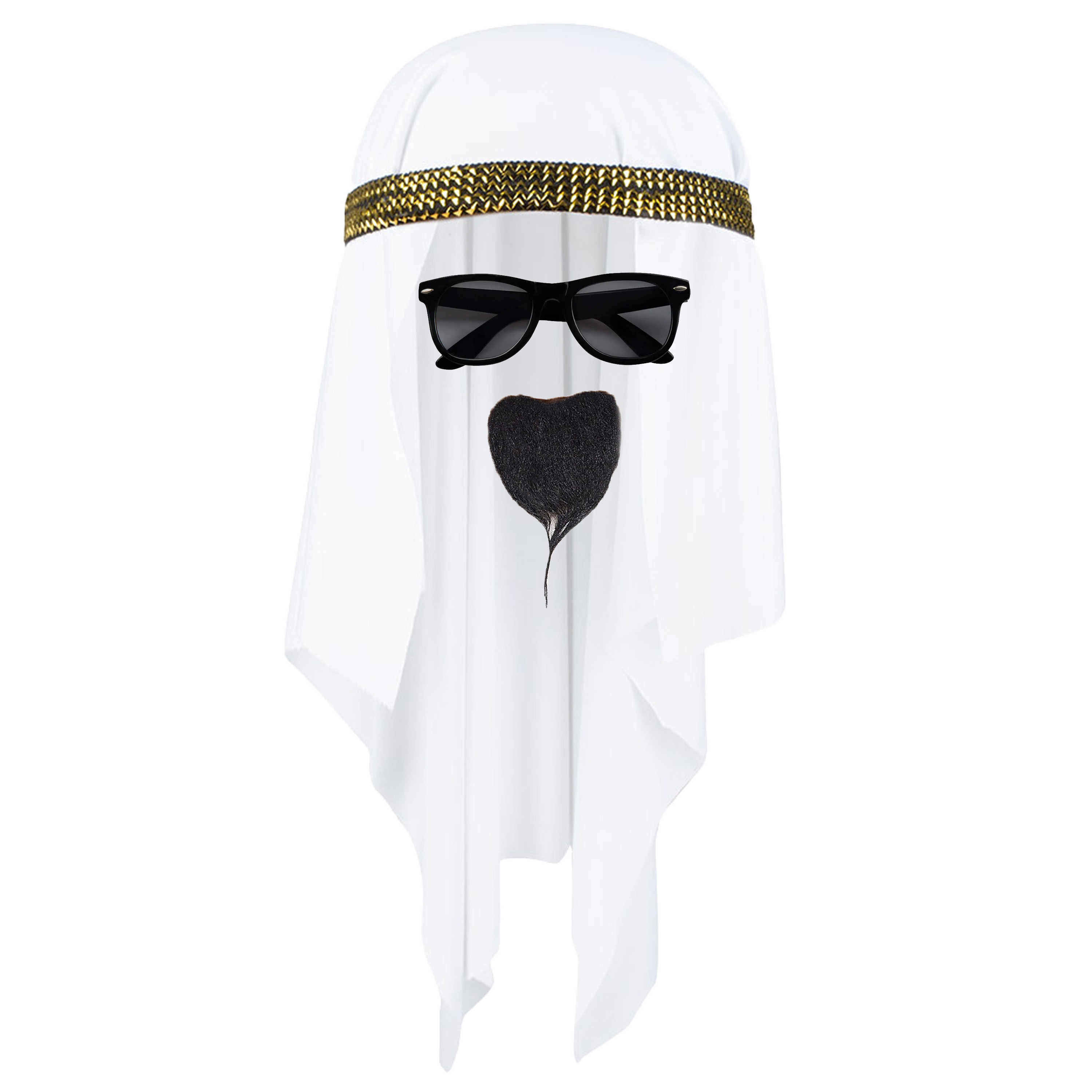 Carnaval verkleed set voor een Arabier-Sjeik hoofddoek wit heren- met baardje en zonnebril