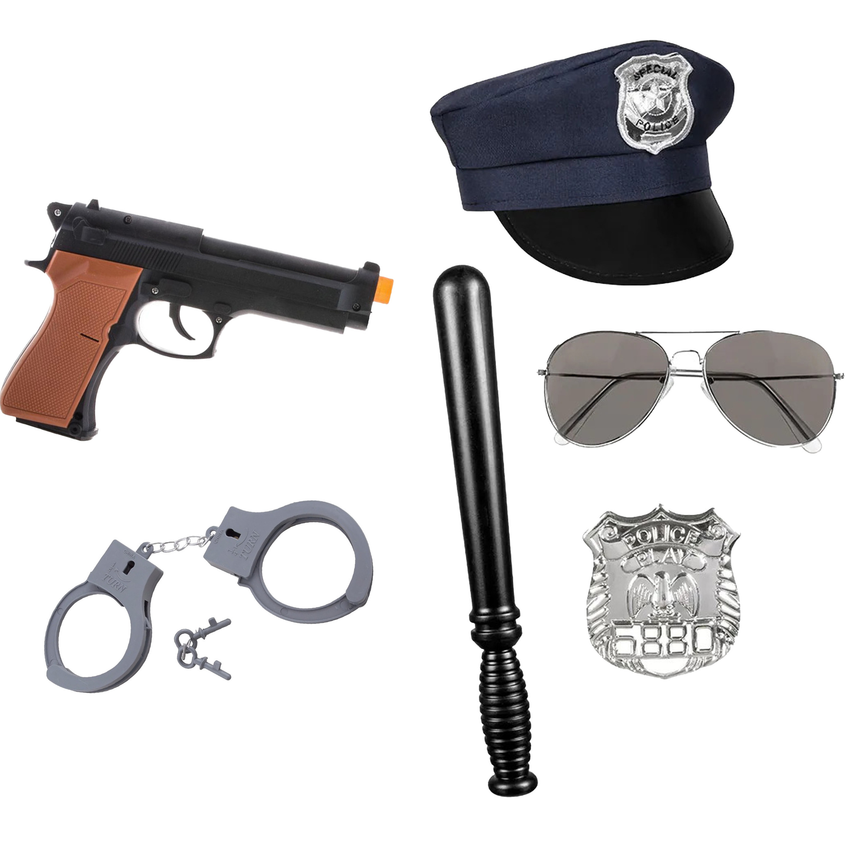 Carnaval verkleed set XL politie agent pet-knuppel-badge-pistool-zonnebril-handboeien