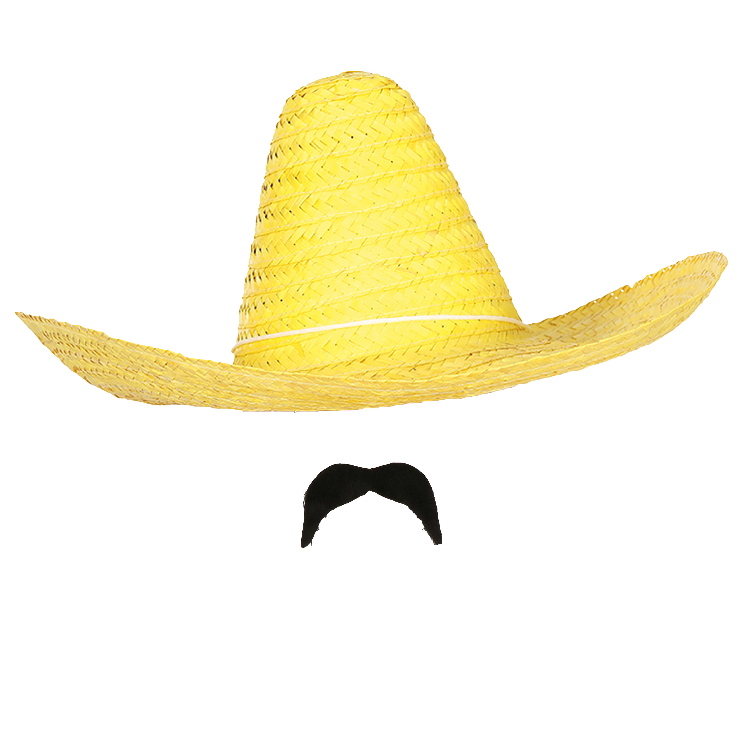 Carnaval verkleed setje Mexicaanse sombrero hoed met plak nepsnor geel heren