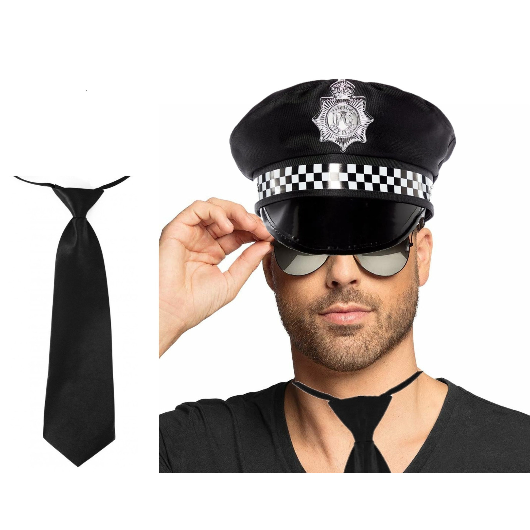 Carnaval verkleedkleding set politiepet spiegel zonnebril en stropdas zwart heren-dames