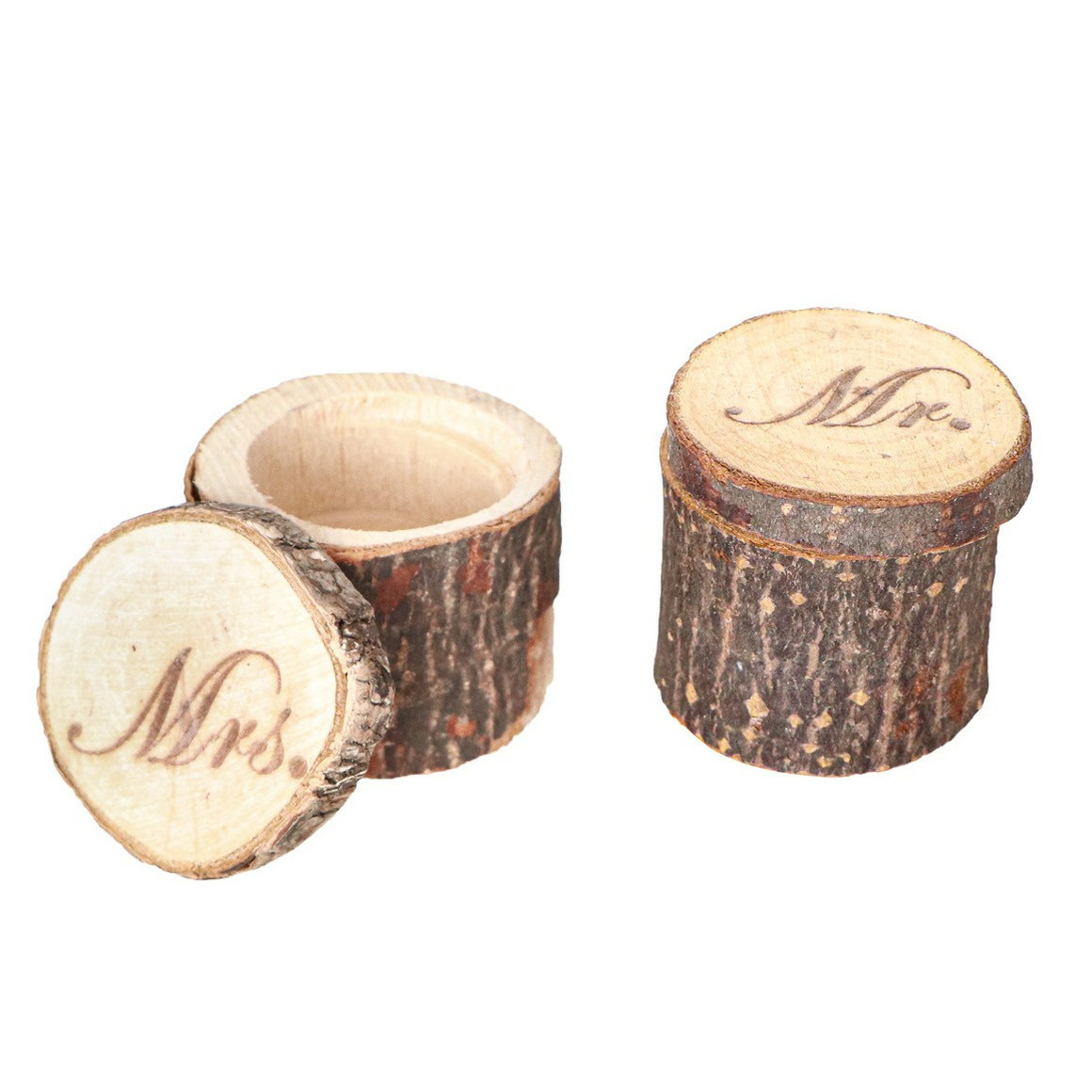 Chaks Bruiloft-huwelijk trouwringen boomstammetje hout MR & MRS ringdoosje D6 x H4 cm