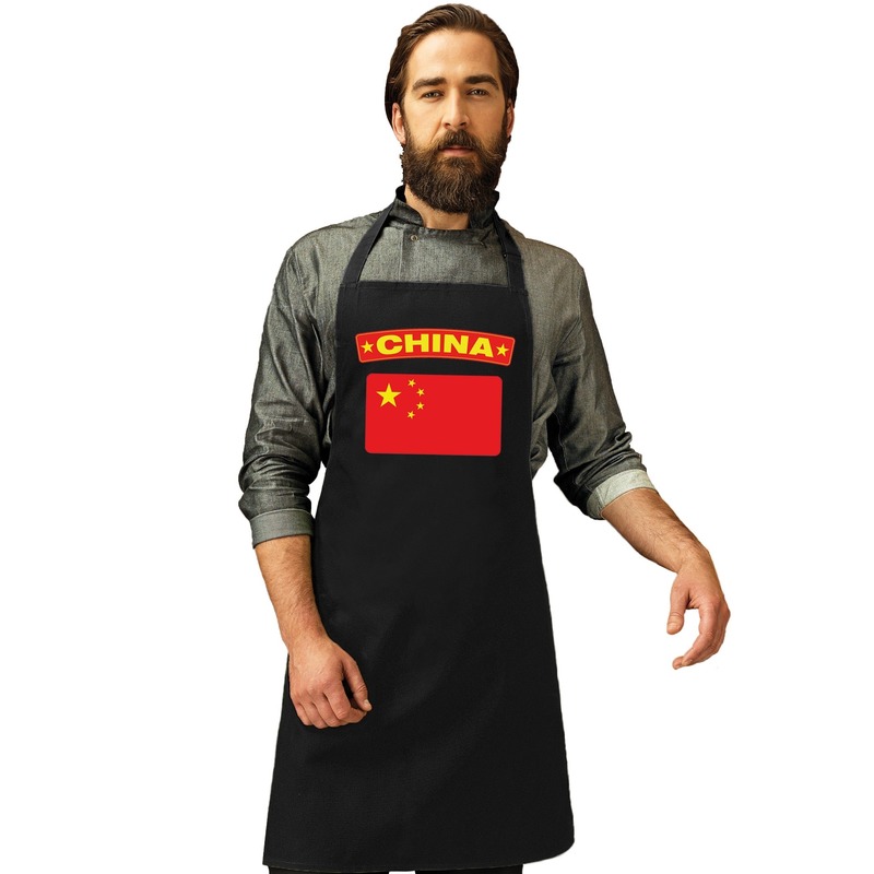 Chinese vlag keukenschort- barbecueschort zwart heren en dames