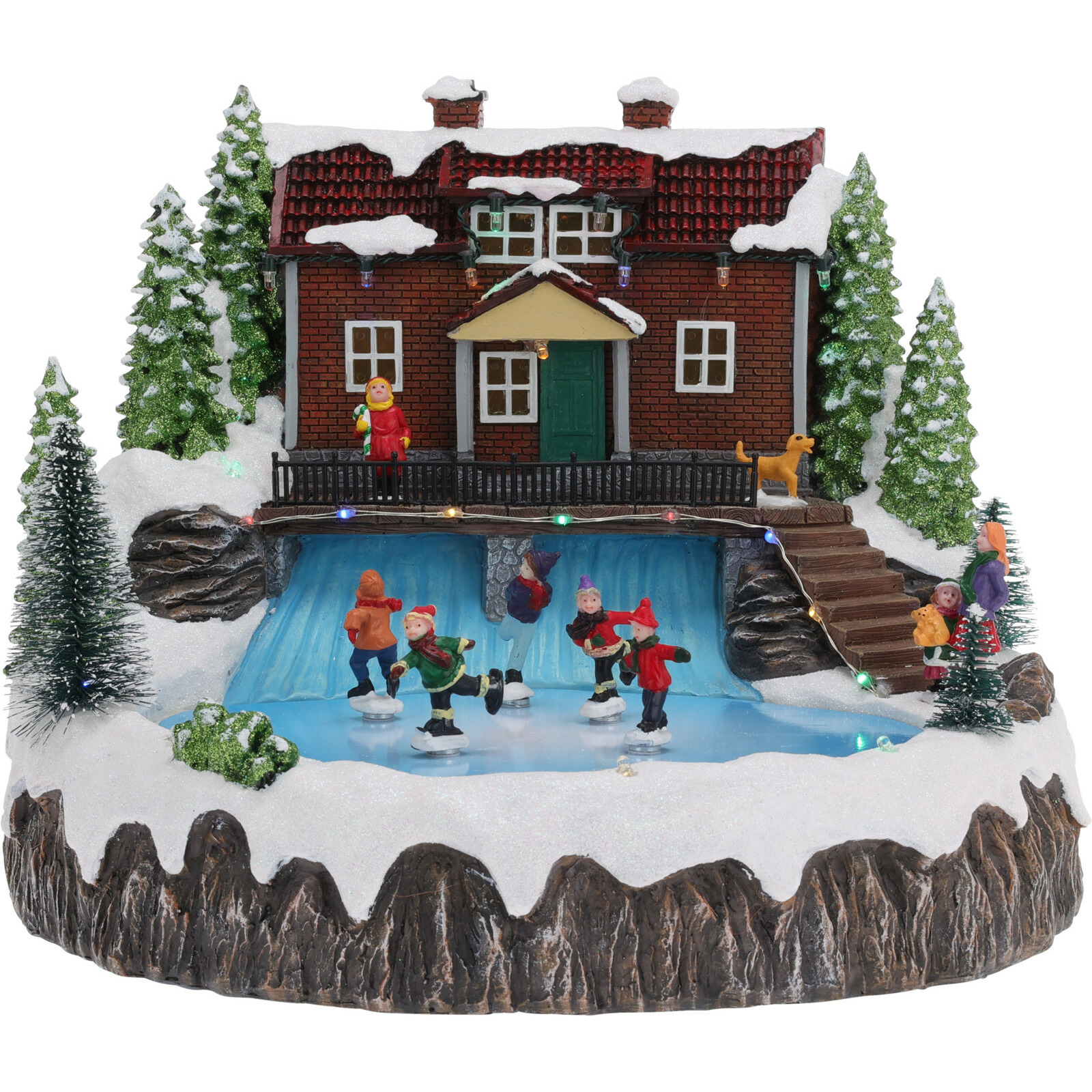 Christmas Decoration kerstdorp huis met schaatsers- 29x28x23 cm