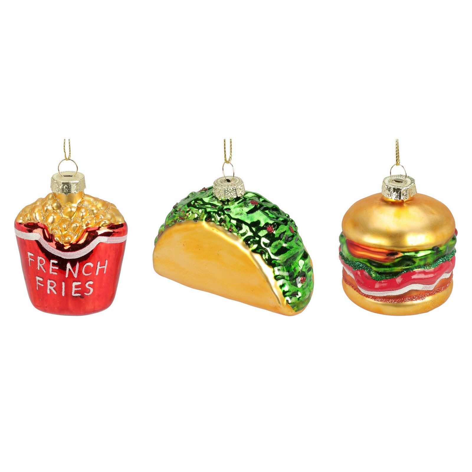 Christmas Decorations kershangers hamburger, friet, sandwich -3x- glas
