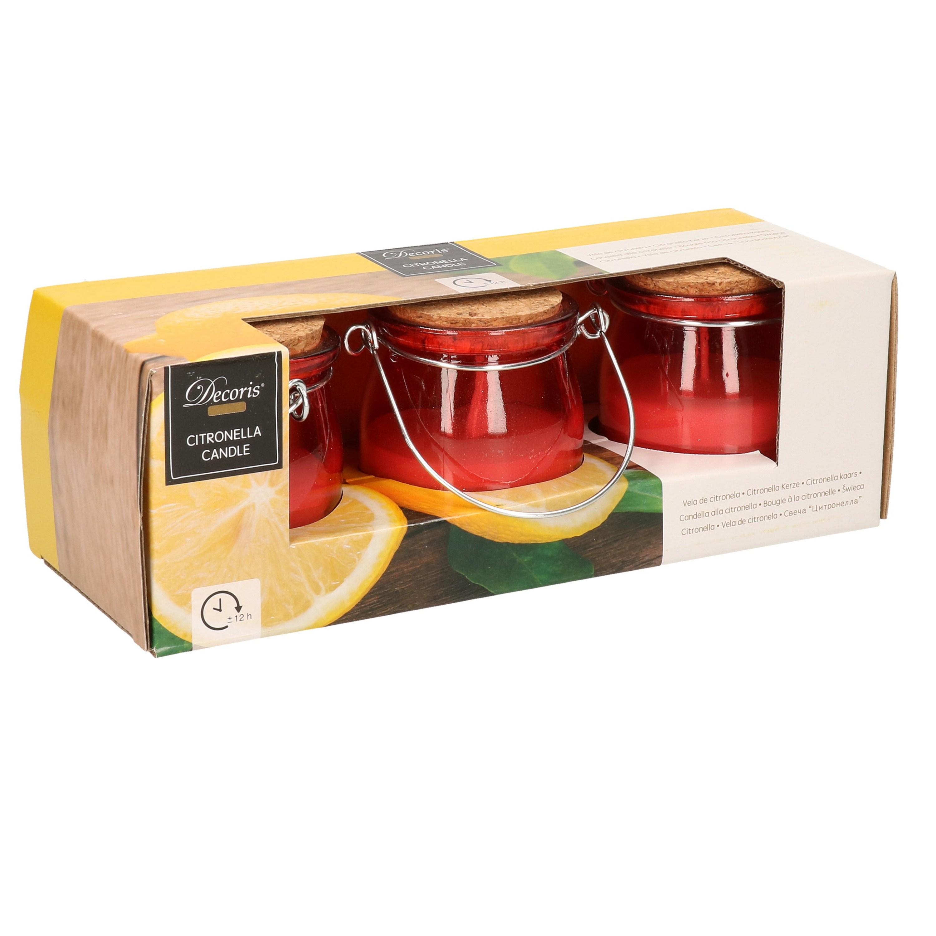 Citronella kaars 3x in rood glazen potje 8 branduren citrusgeur