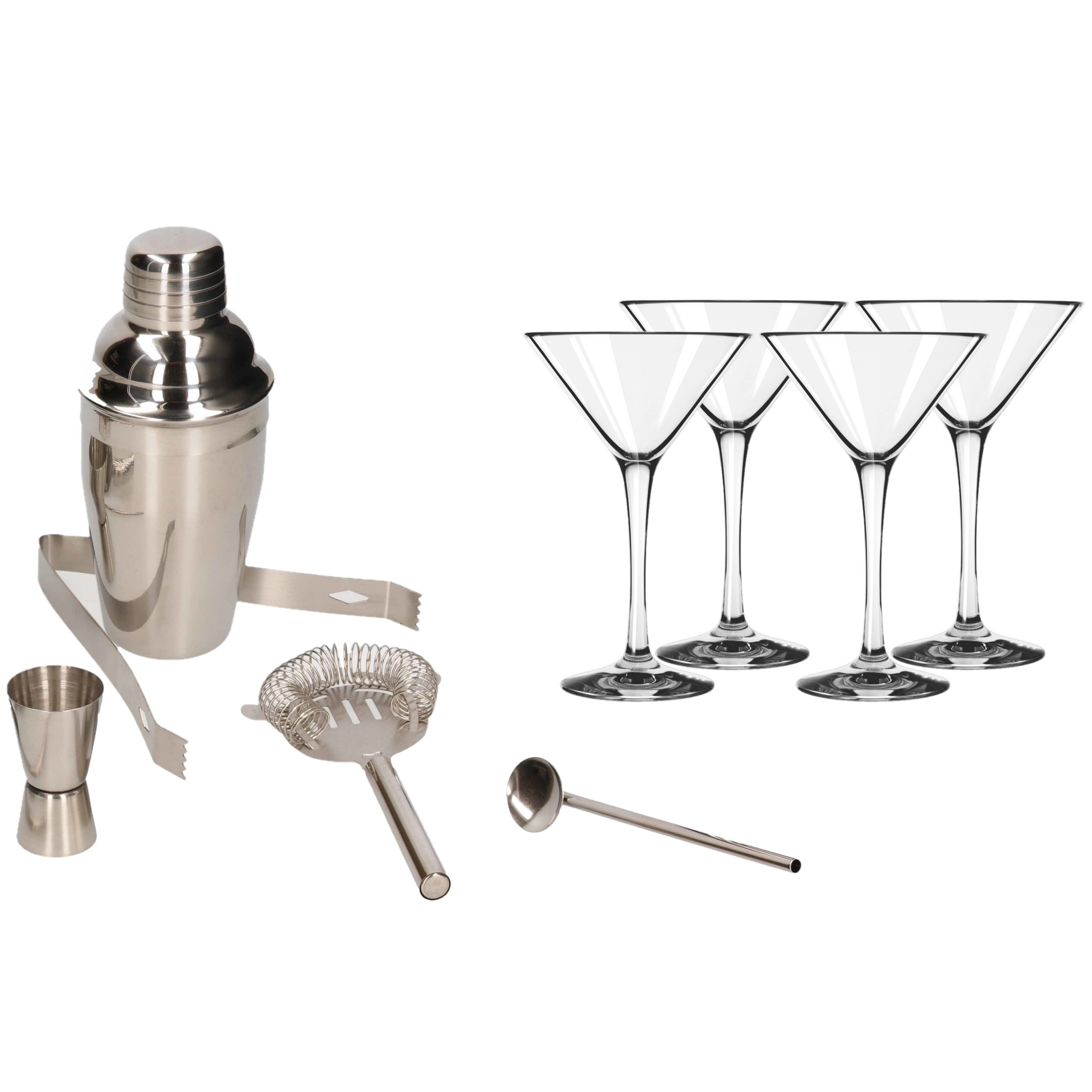 Cocktailshaker set RVS 5-delig inclusief 4x cocktail-martini glazen 250 ml