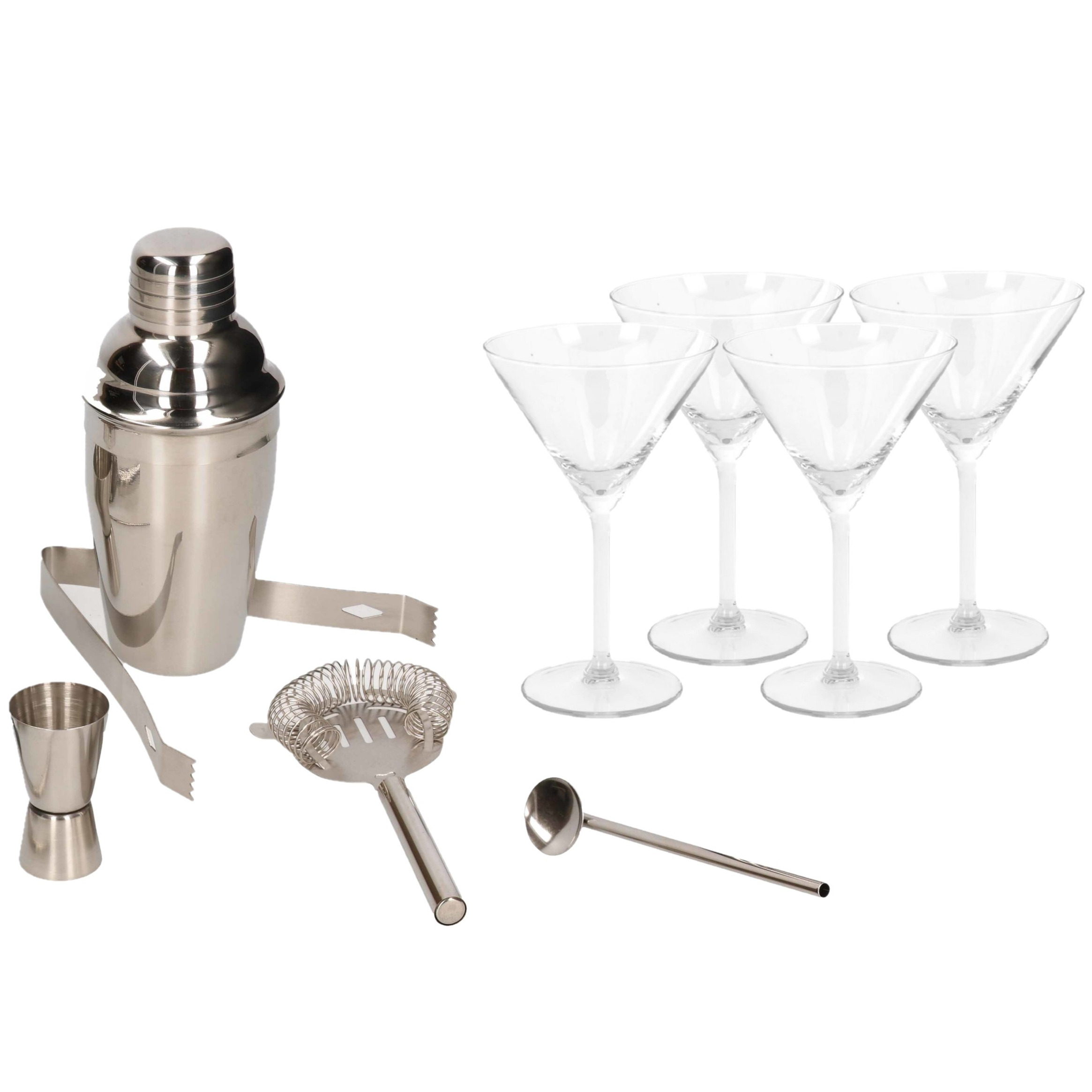 Cocktailshaker set RVS 5-delig inclusief 4x cocktail-martini glazen 260 ml