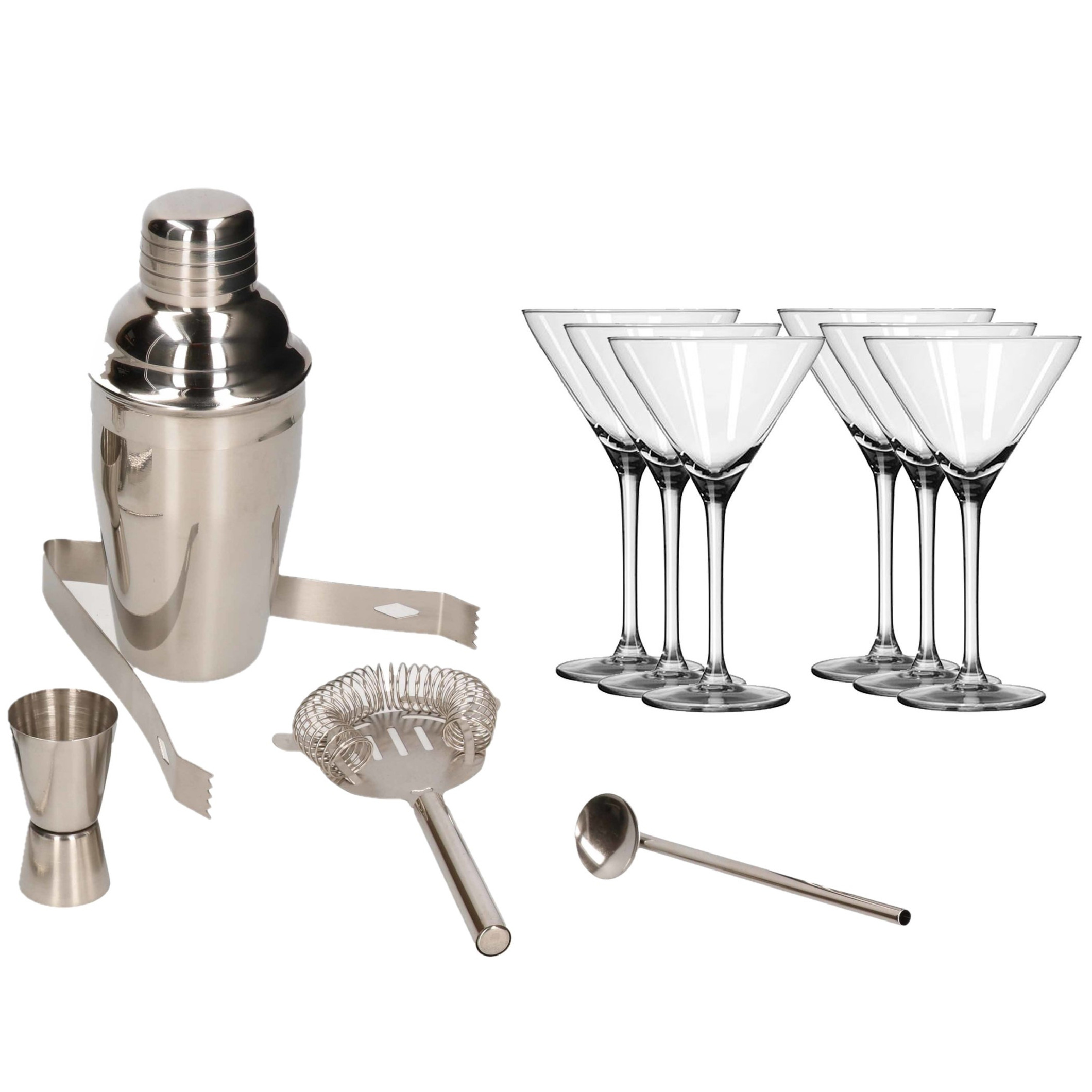 Cocktailshaker set RVS 5-delig inclusief 6x luxe cocktail-martini glazen 260 ml