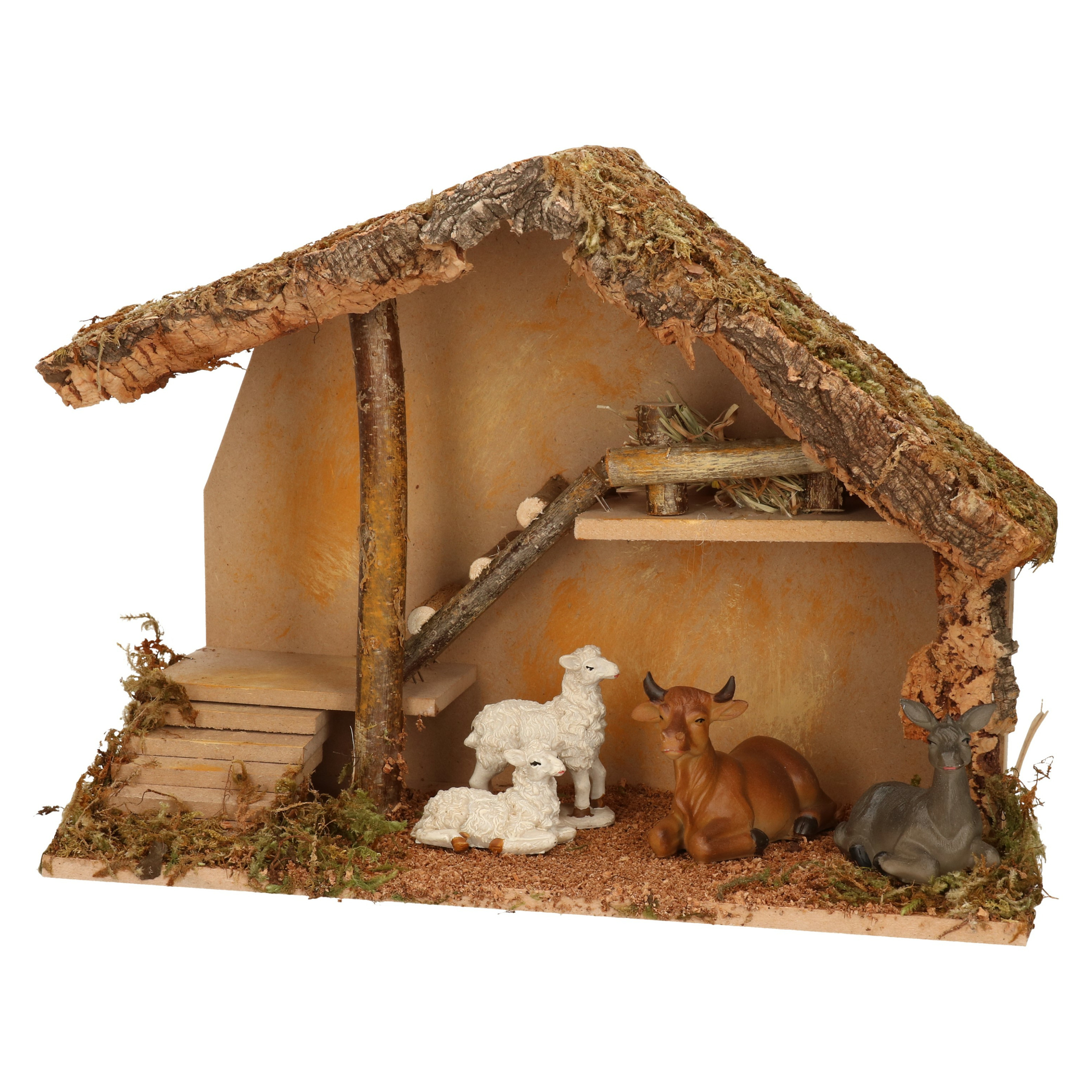 Complete kerststal met dieren beeldjes -H28 cm hout-mos-polyresin